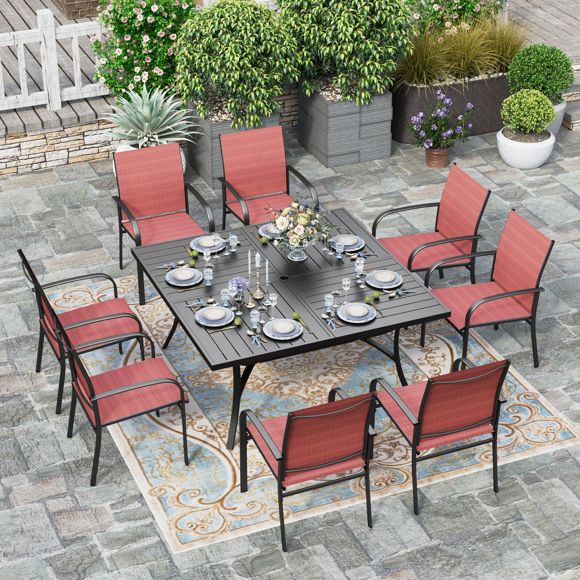Hera'S House Patio Dining Set 9 Pieces, Outdoor Table And Chairs Set For 8, 8 X Red Textilene Dining Chair, 60'' Square Metal Di