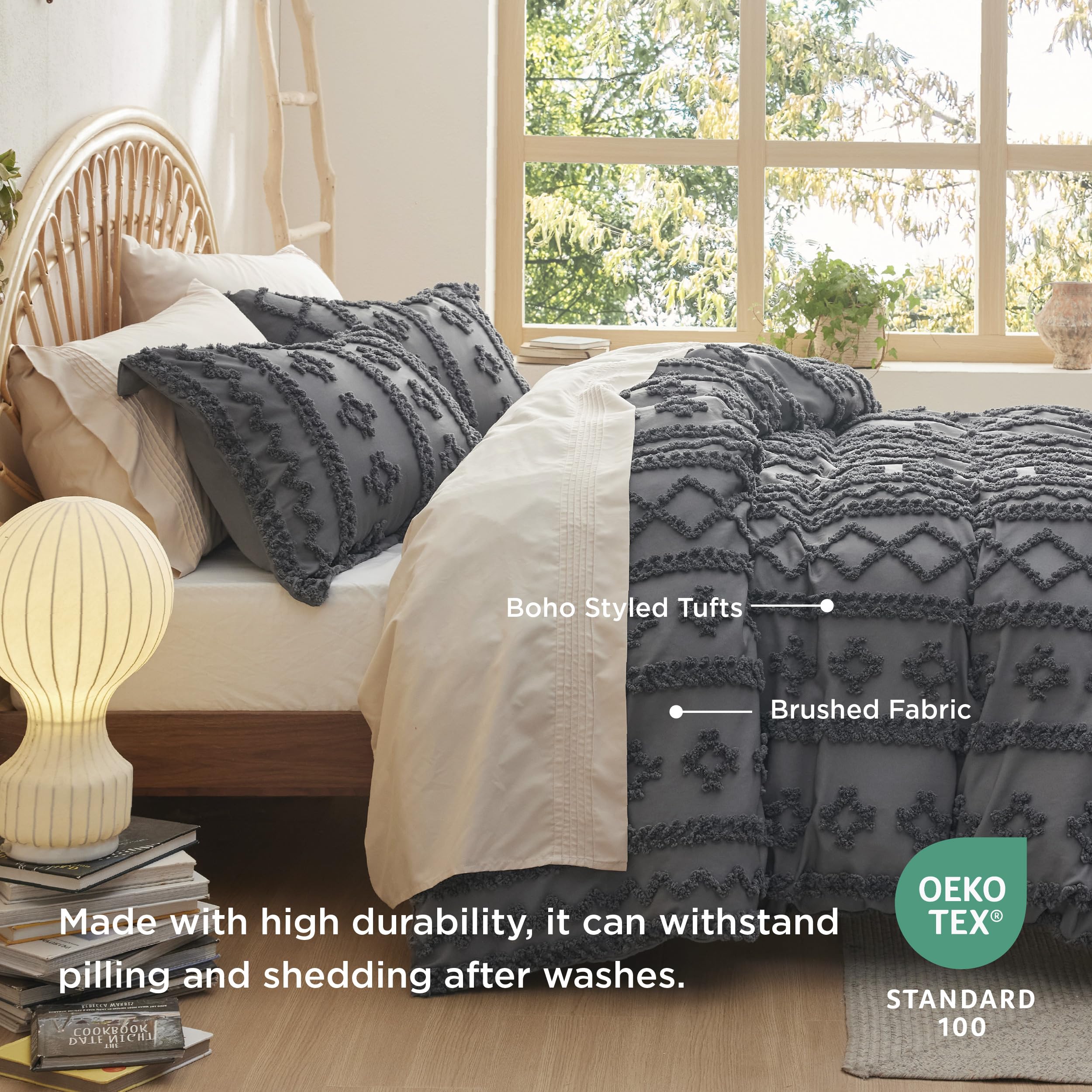 Bedsure Boho Duvet Cover King Size - Tufted Duvet Cover King Size For All Seasons, 3 Pieces Soft Shabby Chic Embroidery Boho Bedding Duvet Cover For Gifts (Dark Grey, King, 104X90)