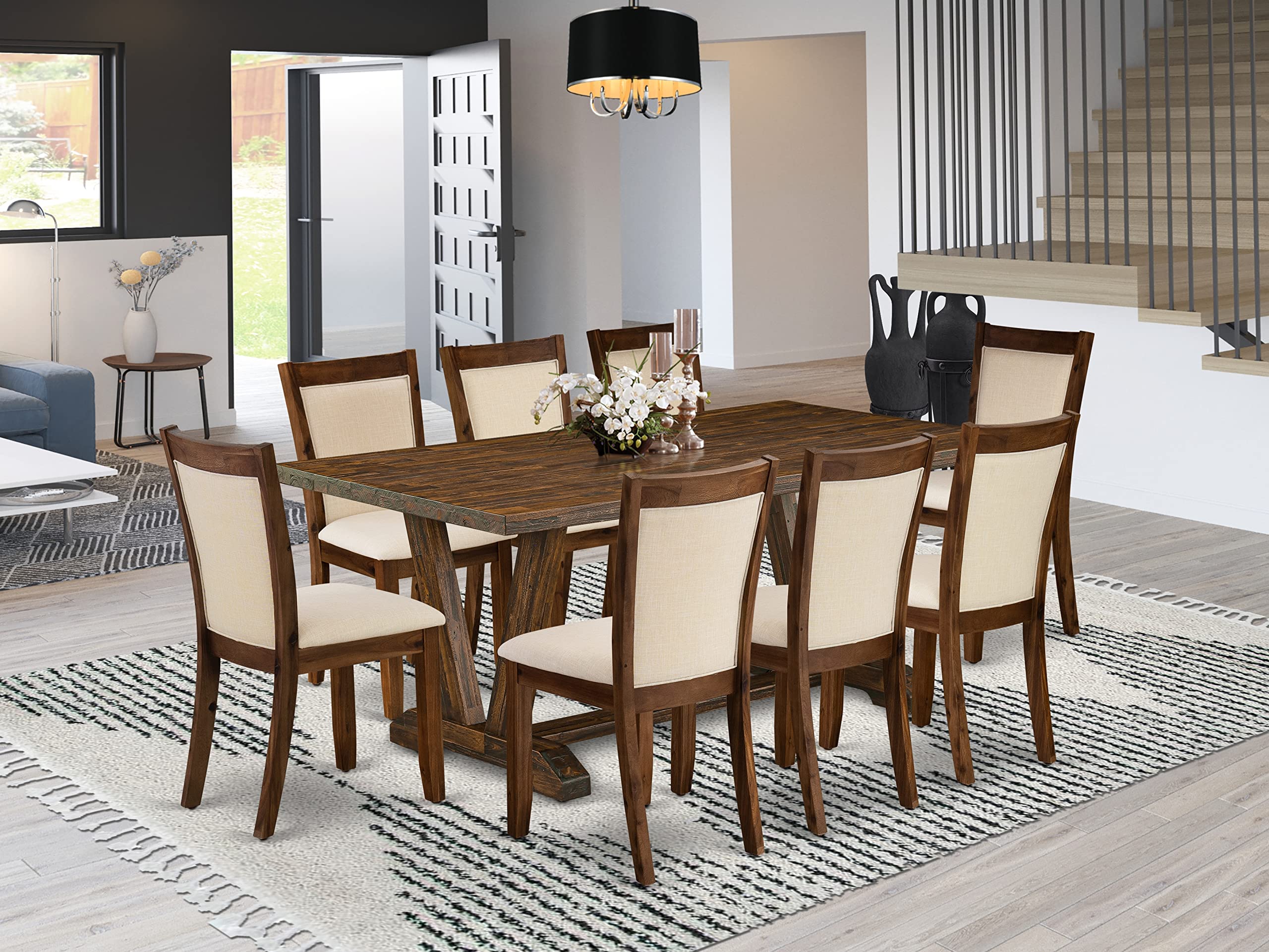 East West Furniture V777Mzn32-9 9 Piece Dining Room Furniture Set Includes A Rectangle Dining Table With V-Legs And 8 Light Beige Linen Fabric Upholstered Chairs, 40X72 Inch, Multi-Color