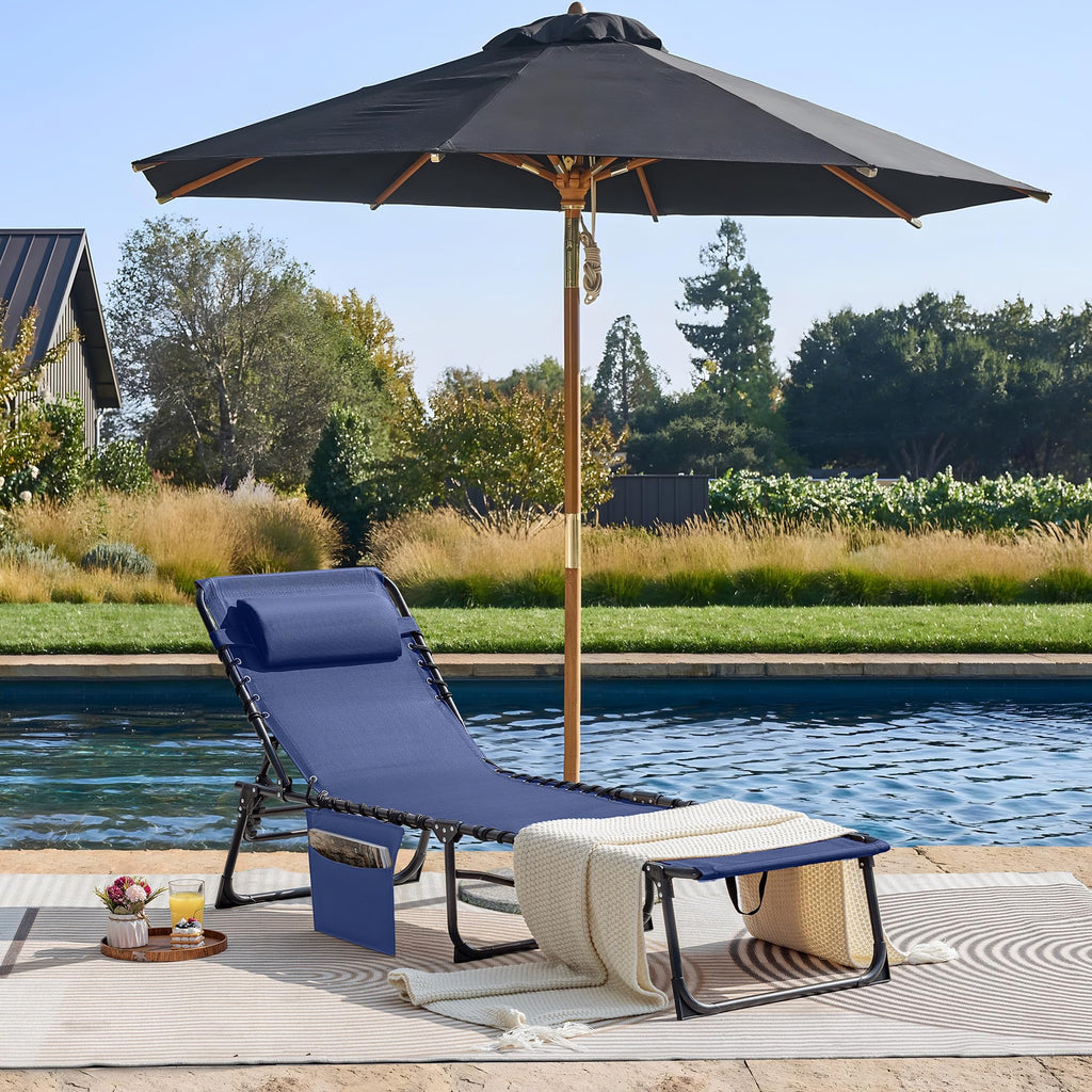 Flamaker Foldable Chaise Lounge Chair 5-Position Adjustable, Tanning Chair With Side Pocket, Outdoor Sunbathing For Pool, Beach, Patio, Lawn, Indoor Recliner Chair For Napping(Blue, 1 Pcs)