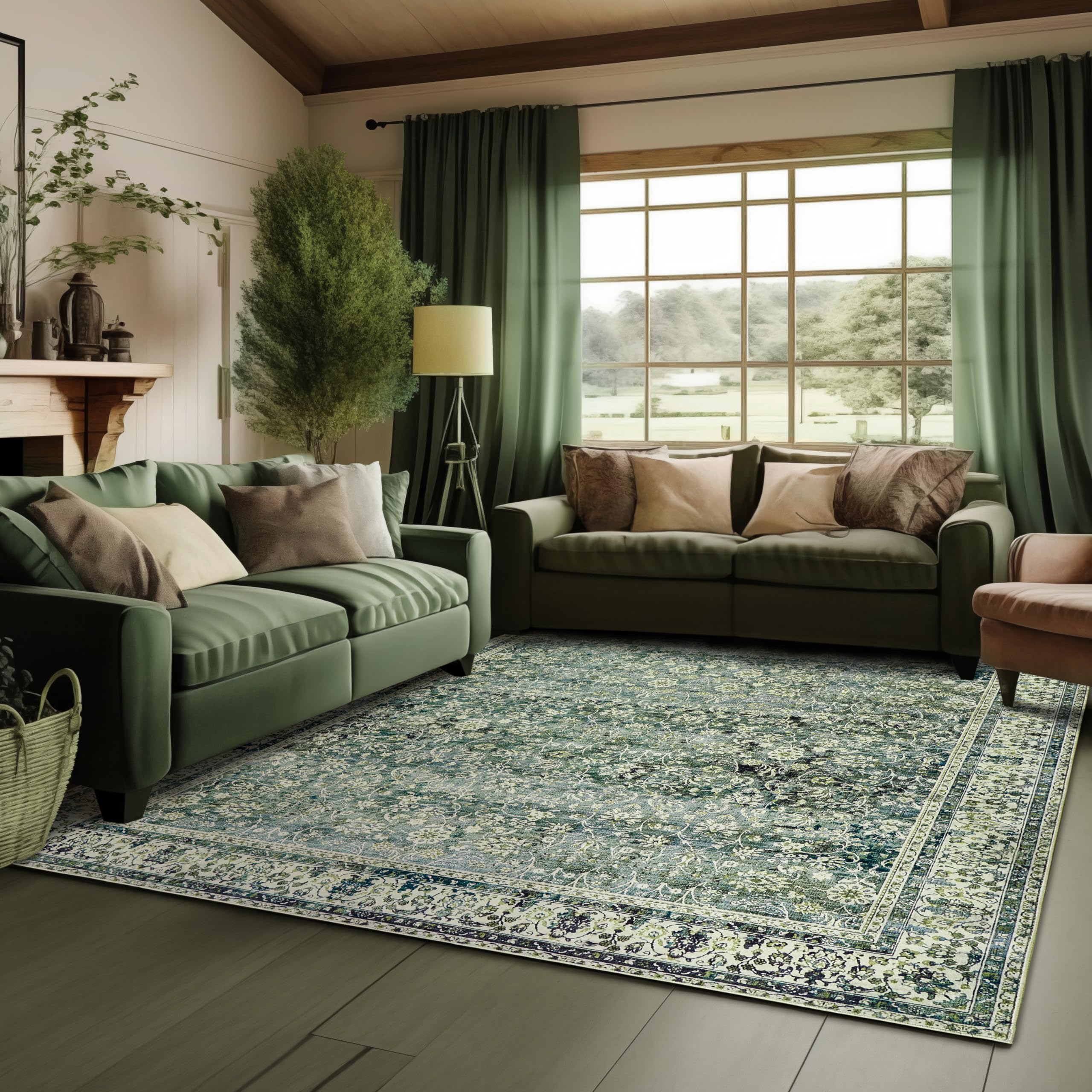 6x9 Area Rugs Washable Rugs for Bedroom,Faux Wool Moody Floral Boho Vintage Oriental Indoor Carpet for Living Room,Hunter Forest