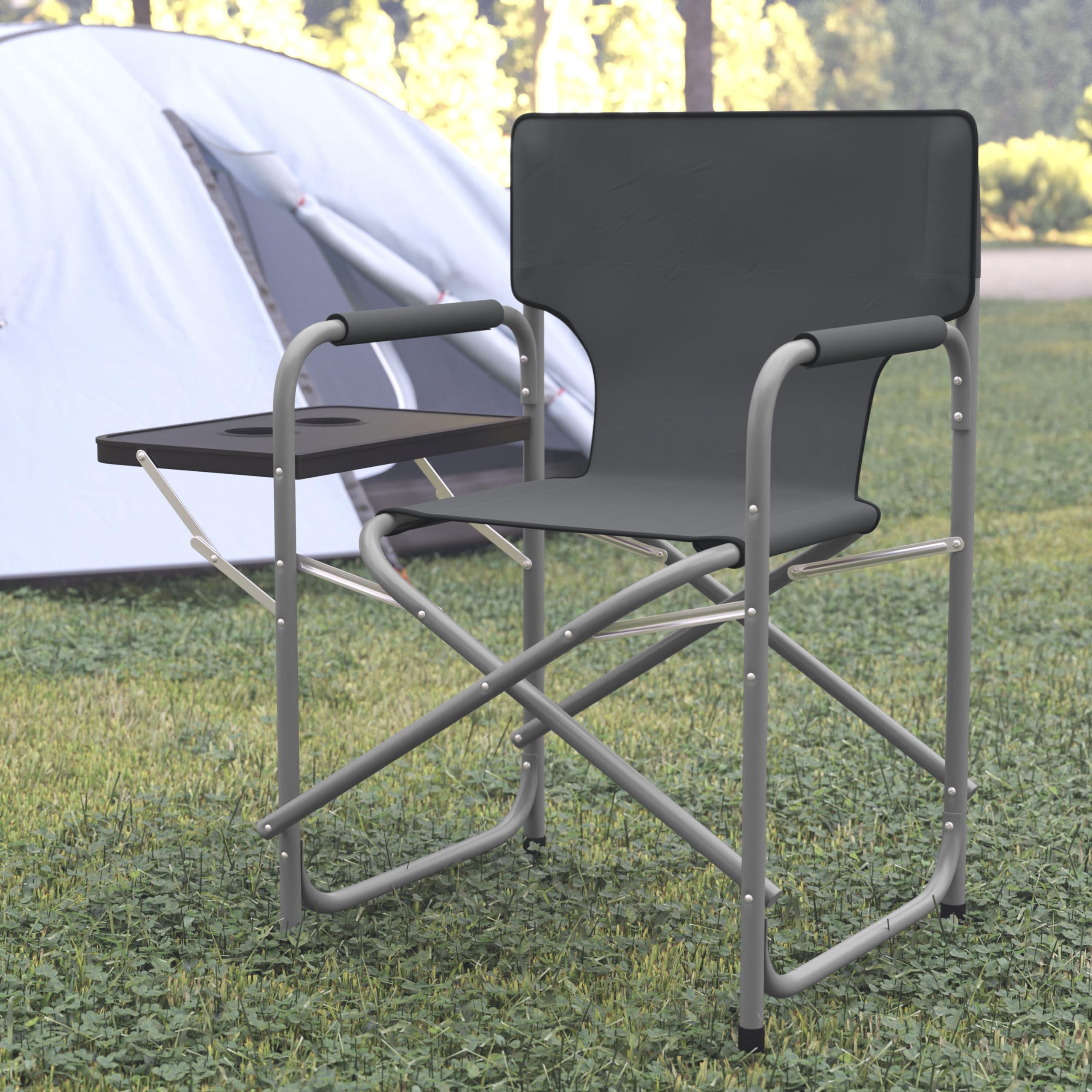 Flash Furniture Benjamin Folding Directors Camping Chair - Portable Gray Sports Chair with Cupholder Side Table - Indoor/Outdoor Steel Tube Framed Foldable Chair