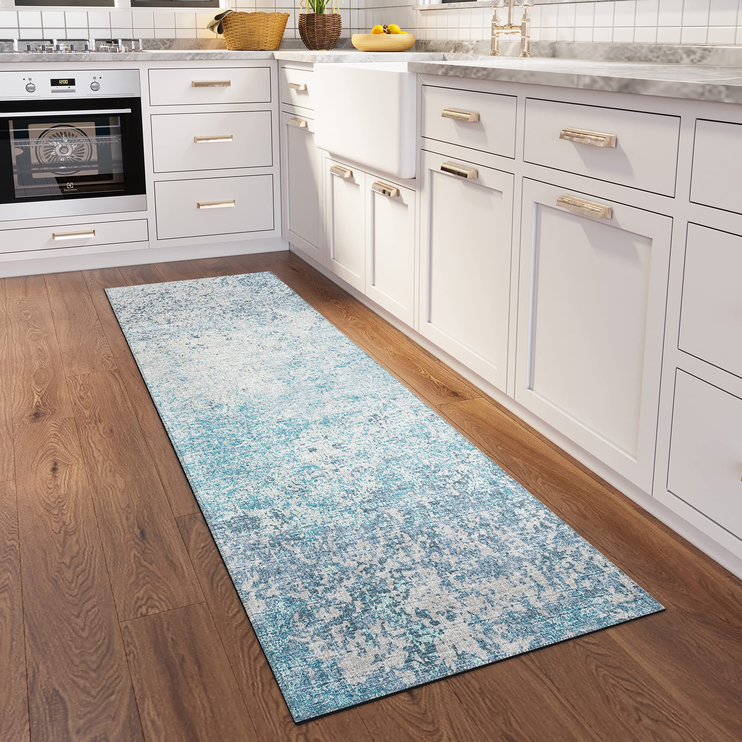Addison Rugs Rylee Ary33 Blue Washable 2'3" X 7'6" Indoor Outdoor Runner Rug, Easy Clean, Machine Washable, Non Shedding, Bedroom, Entry, Living Room, Dining Room, Kitchen, Patio Rug