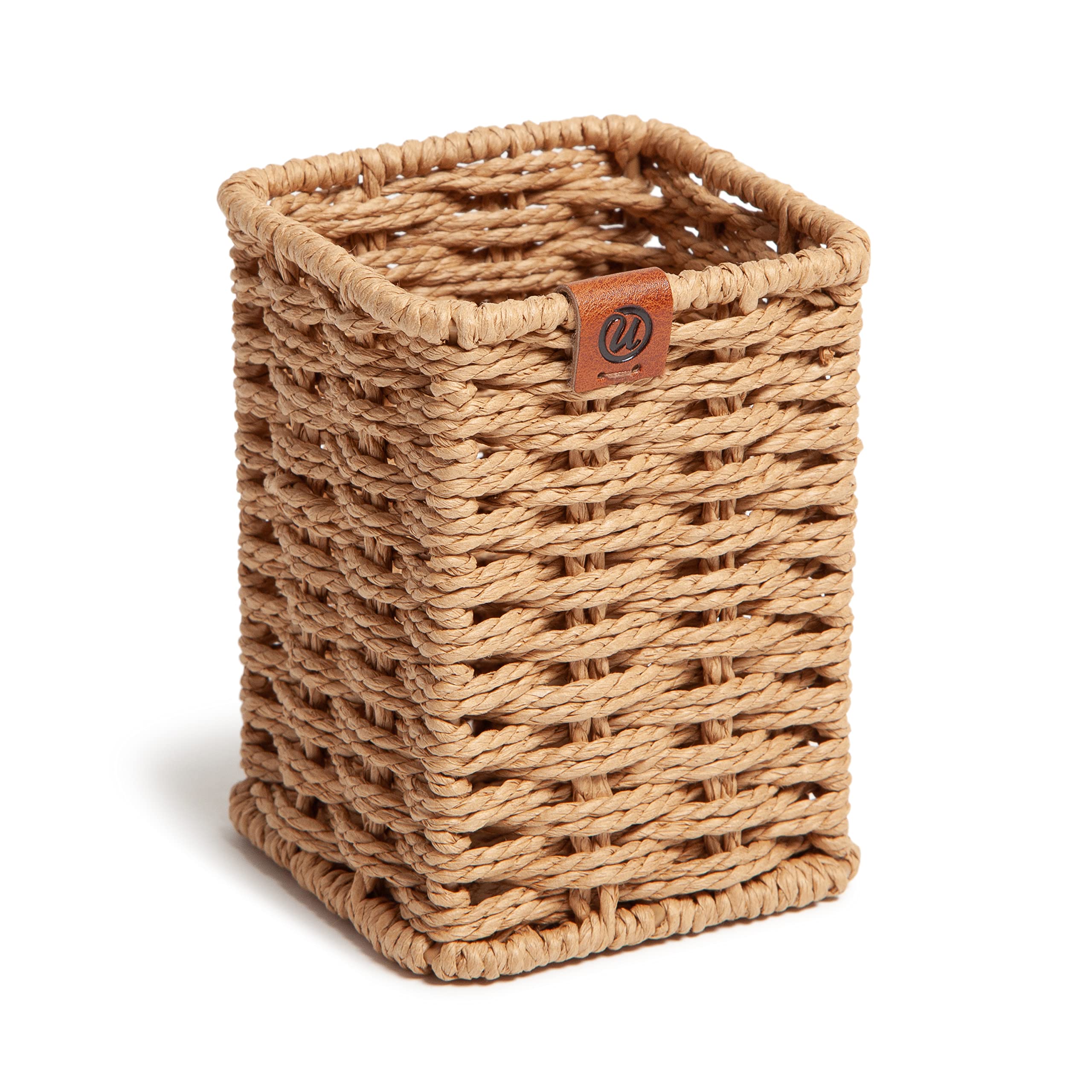 U Brands Woven Pencil Cup, Rattan-Inspired Wicker Style Office Organization Supplies, 1 Count
