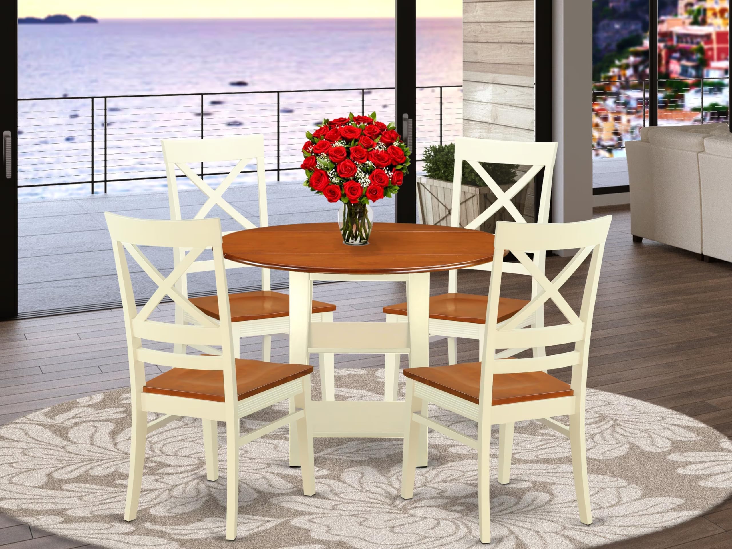 East West Furniture SUQU5-BMK-W 5 Piece Dining Room Table Set Includes a Round Kitchen Table with Dropleaf & Shelves and 4 Dining Chairs, 42x42 Inch, Buttermilk & Cherry
