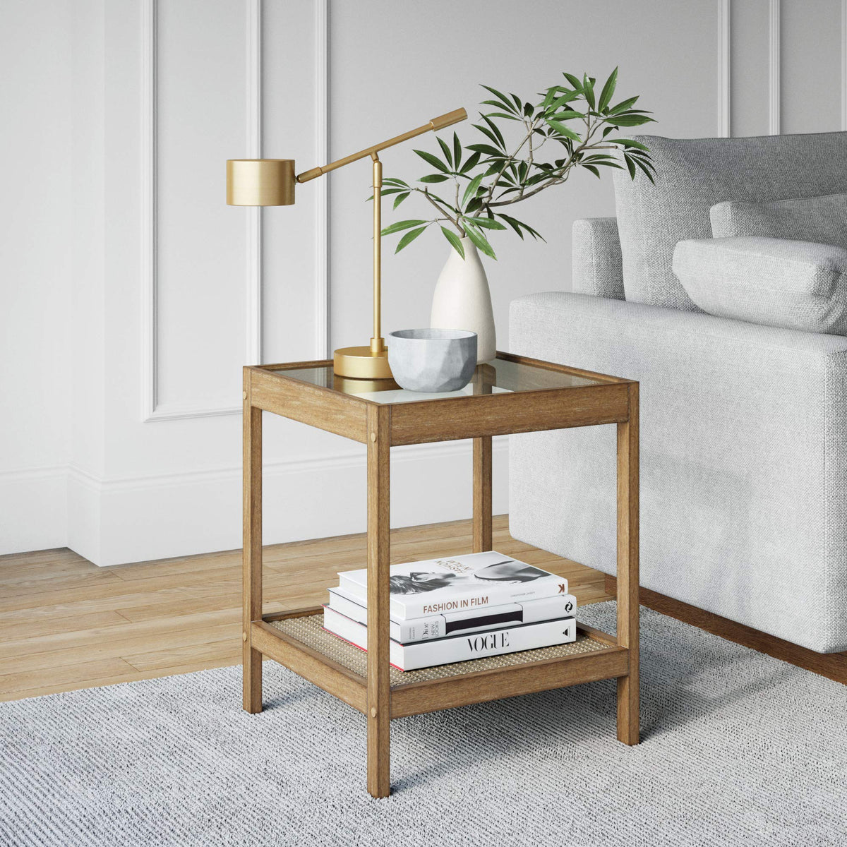 Nathan James 33301 Hayes Solid Wood Nightstand, Bedside, End or Side Table in Light Brown Wood Finish & glass Top with Open Stor