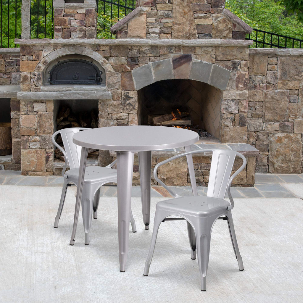 Flash Furniture Conrad Commercial Grade 30" Round Silver Metal Indoor-Outdoor Table Set with 2 Arm Chairs