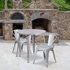 Flash Furniture Conrad Commercial Grade 30" Round Silver Metal Indoor-Outdoor Table Set with 2 Arm Chairs
