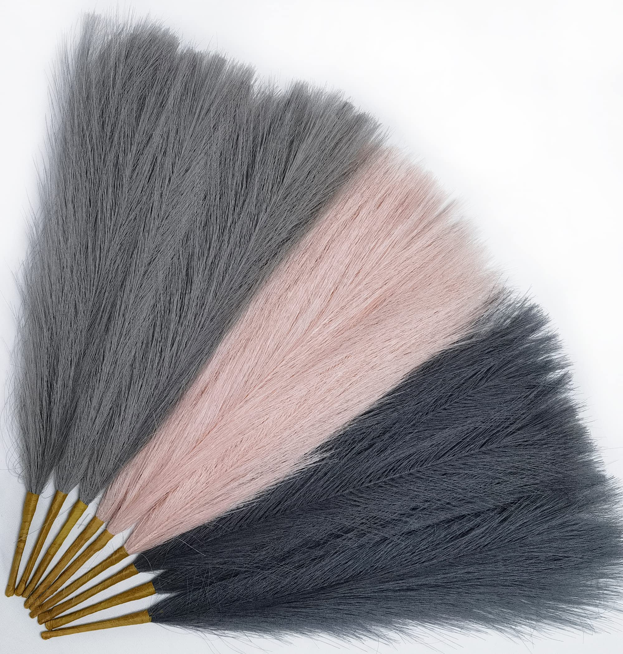 9 Pcs 17' Pampas Grass Faux Dried Decor, Fluffy Fake Small Pompas Artificial Pink Grey Gray Pompous Short Stems Bouquet Flower