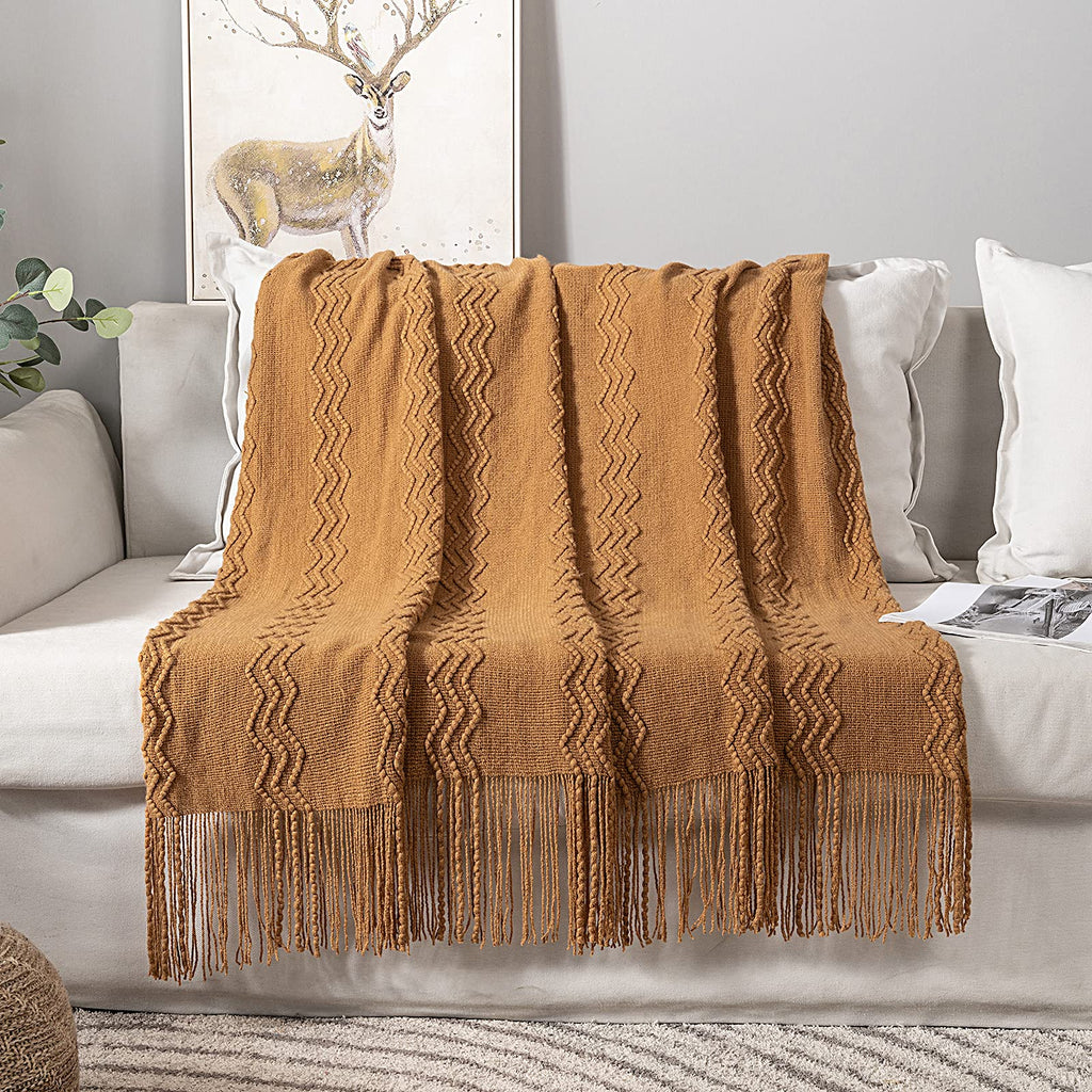 Miulee Knitted Brown Throw Blanket For Couch,Boho Bed Decor Knit Outdoor Blankets Throw Size With Tassels Cozy Woven For Sofa Home Chair Wave Pattern 50' X 60' Inches