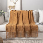 Miulee Knitted Brown Throw Blanket For Couch,Boho Bed Decor Knit Outdoor Blankets Throw Size With Tassels Cozy Woven For Sofa Home Chair Wave Pattern 50' X 60' Inches