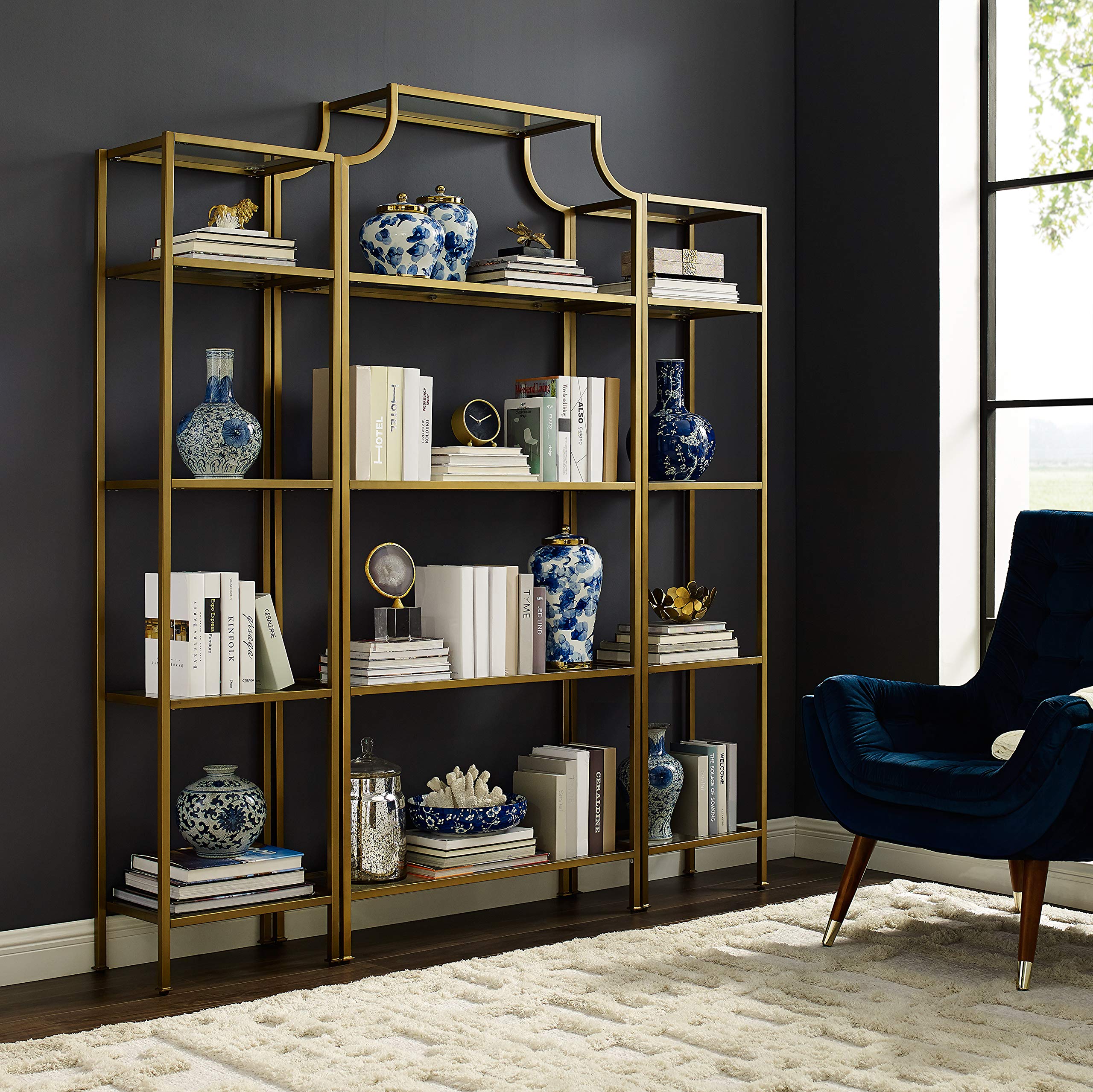 Crosley Furniture Aimee 3-Piece Bookshelf Set with Glass Shelves, Bookcase Storage, Gold and Glass