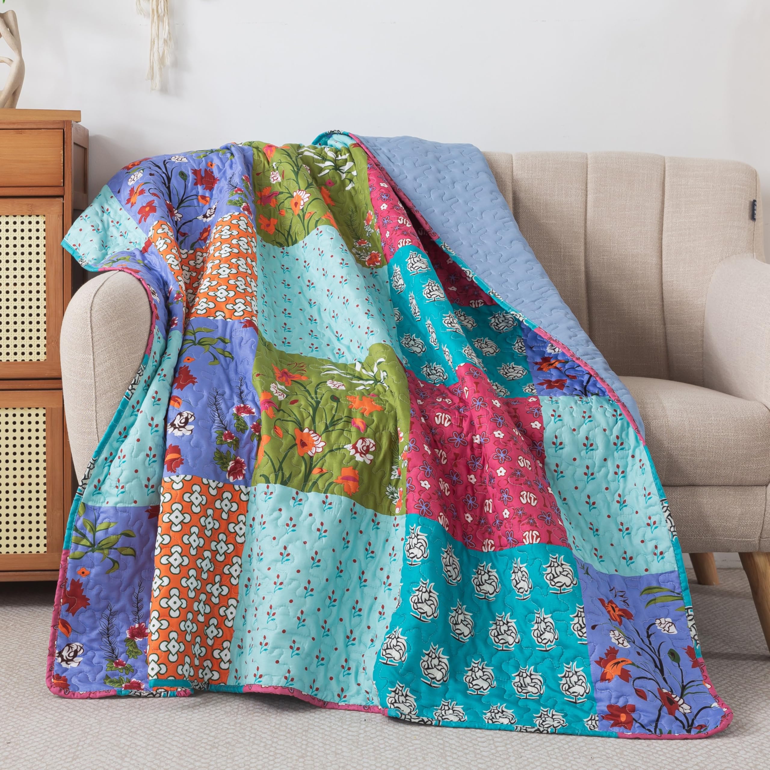 Slpr All Is Bright 50' X 60' Quilted Throw Blanket, Summer Lightweight Throw Quilt With Colorful Patchwork Design For Couch An