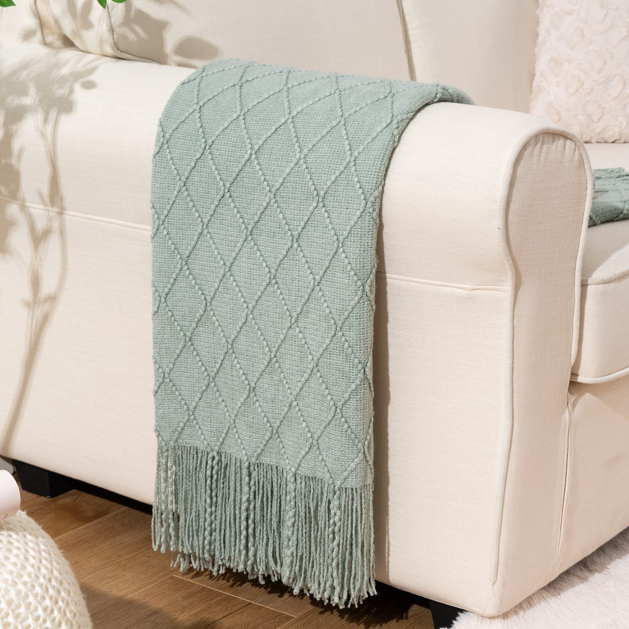 Battilo Home Sage Green Throw Blanket For Couch, Boho Bed Throws For Home Decor, Light Blue Throw Blanket For Sofa Living Room,