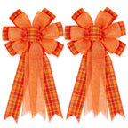 2 Pack Fall Bows for Wreaths Decorations for Home, Halloween Tree Topper Bow, Thanksgiving Bow with Orange Buffalo Plaid Burlap 