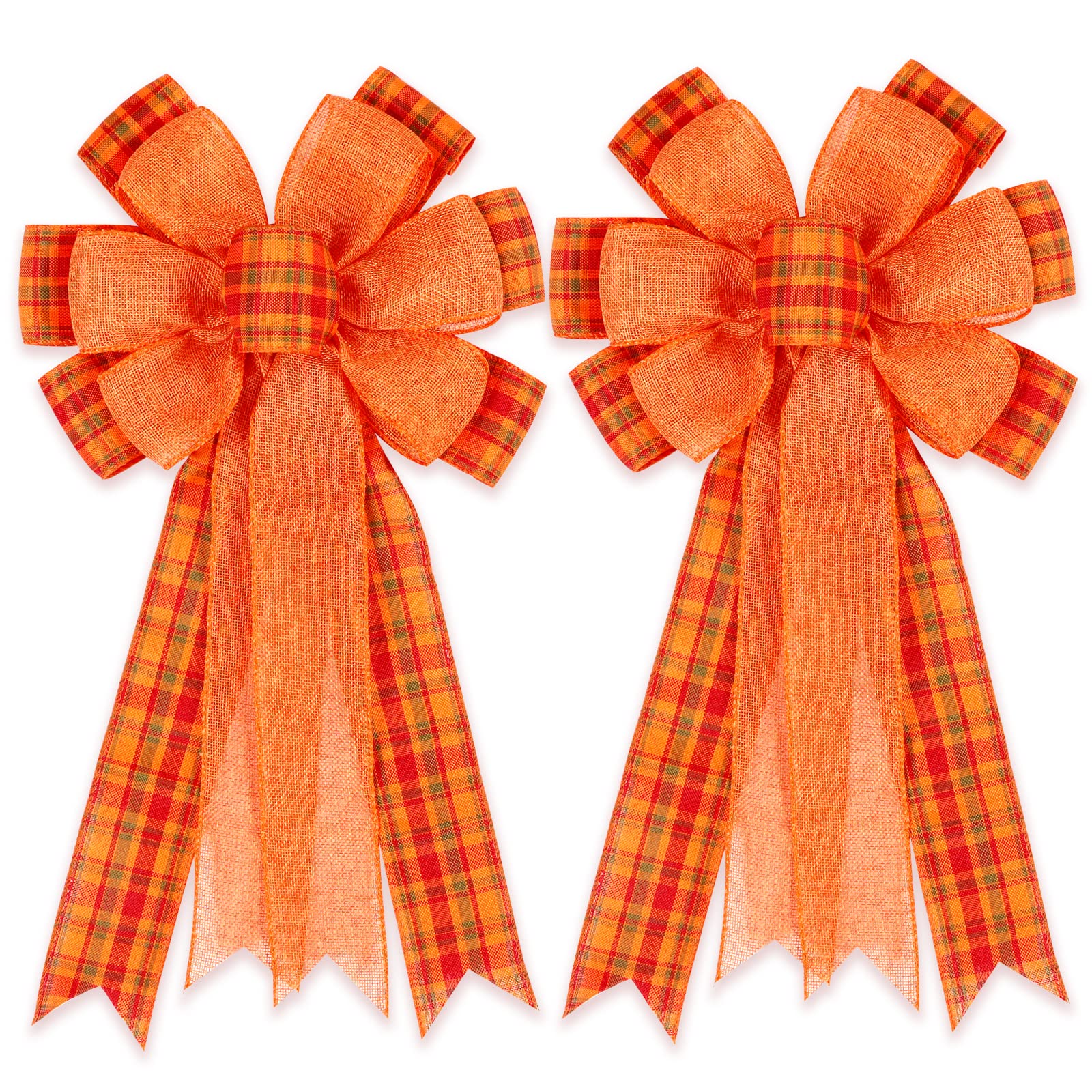 2 Pack Fall Bows for Wreaths Decorations for Home, Halloween Tree Topper Bow, Thanksgiving Bow with Orange Buffalo Plaid Burlap 
