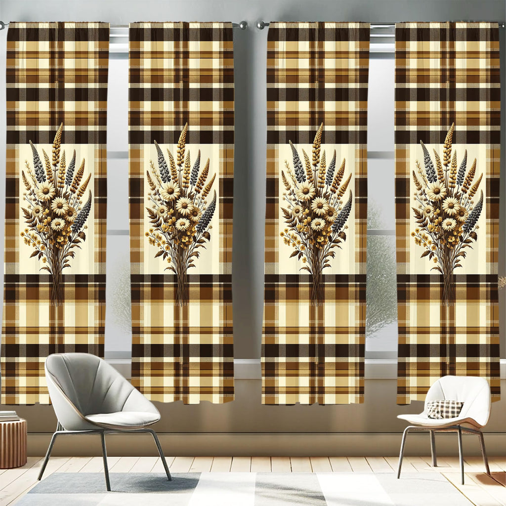 Ambesonne Autumnal Window Curtains Pack of 2, Earthy Fall Tone Leafy Floral Bouquet Illustration with Tartan Plaid Back, Lightwe