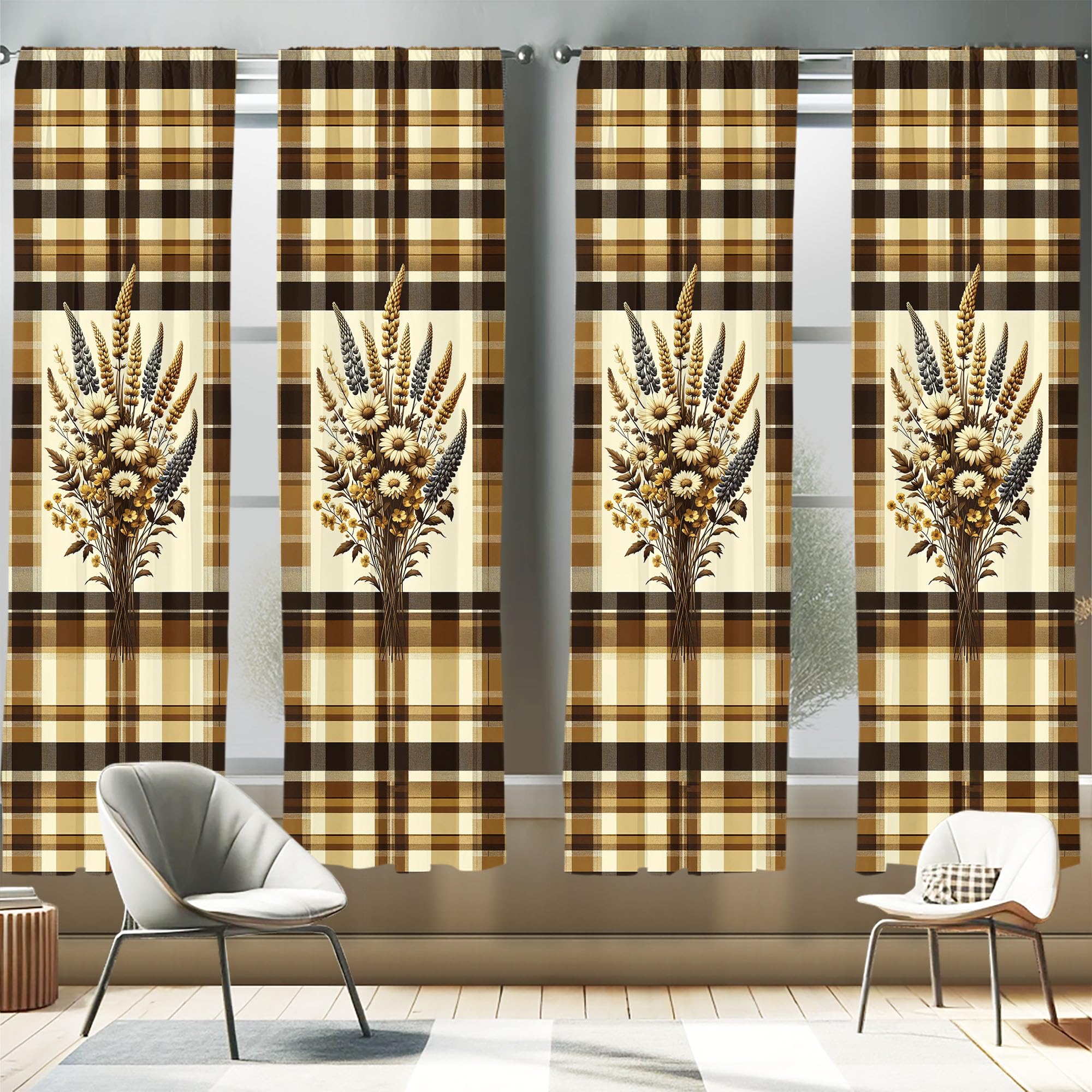 Ambesonne Autumnal Window Curtains Pack of 2, Earthy Fall Tone Leafy Floral Bouquet Illustration with Tartan Plaid Back, Lightwe