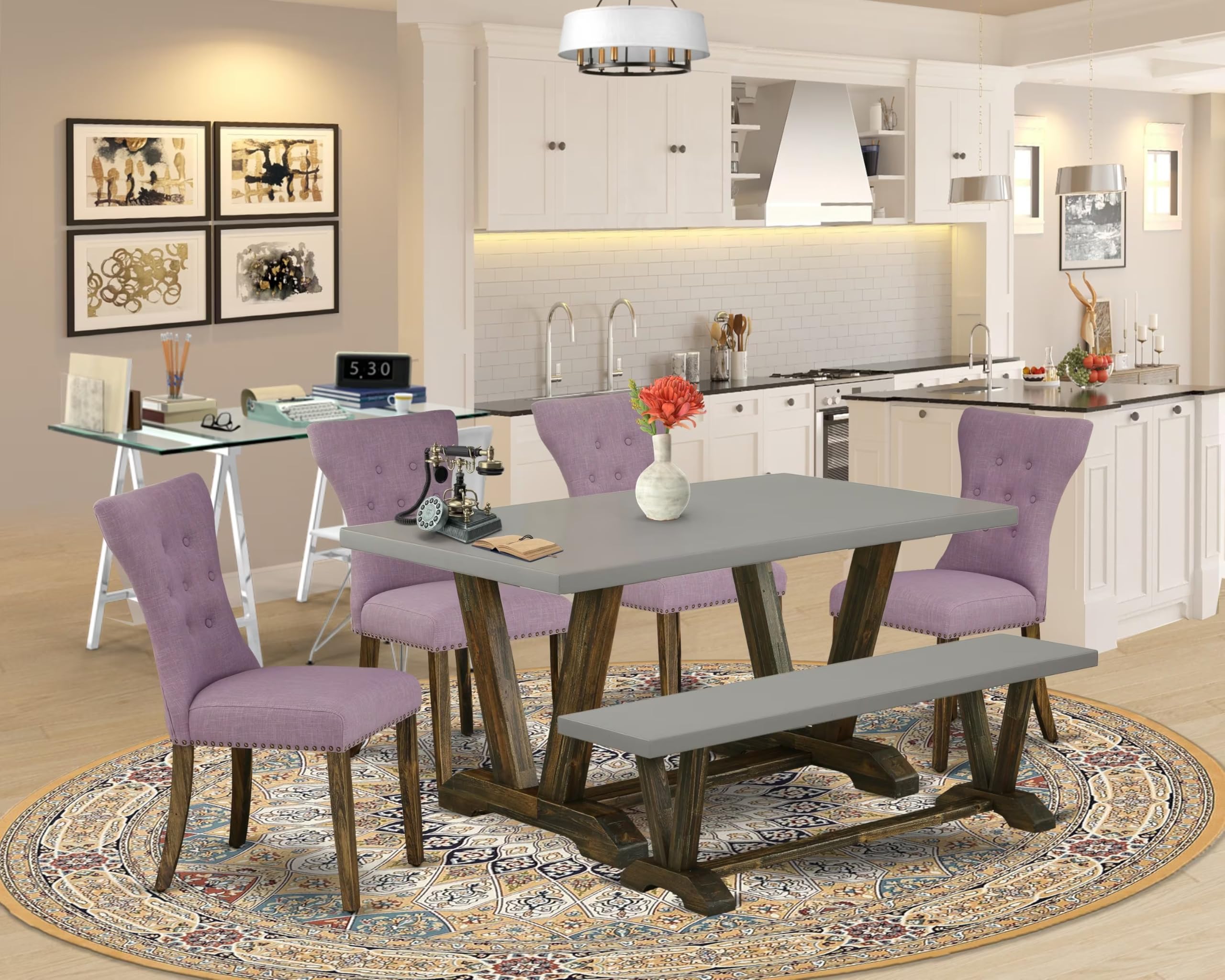 East West Furniture V796Ga740-6 6 Piece Kitchen Table Set Contains A Rectangle Dining Table With V-Legs And 4 Dahlia Linen Fabric Parson Chairs With A Bench, 36X60 Inch, Multi-Color