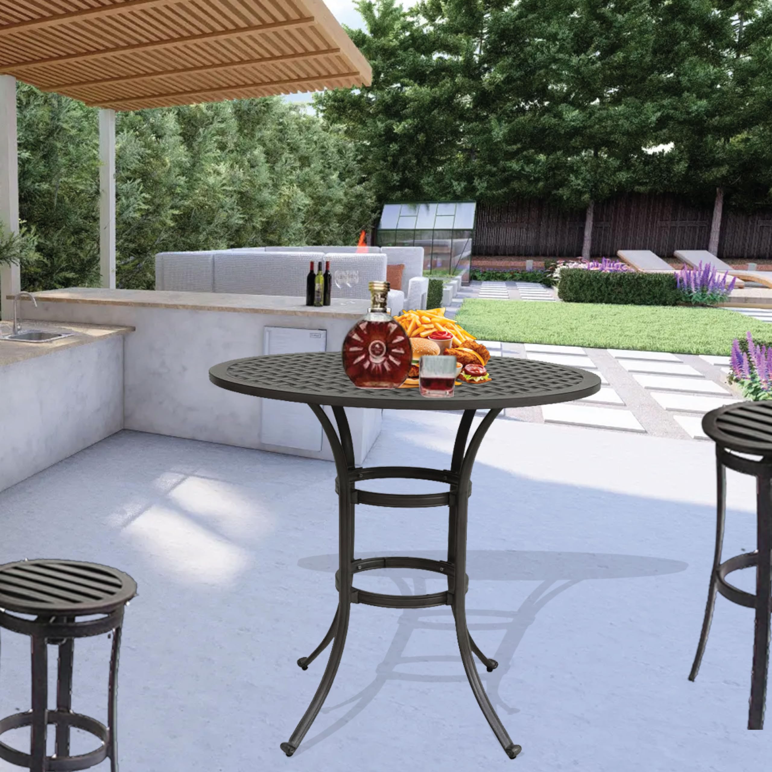 Jane Outdoor 42 Inches Modern Cast Aluminum Round Bar Table: Weather Resistant Outdoor Patio Furniture, Bistro & Bar Height Table with Umbrella Hole (Heritage Grey)