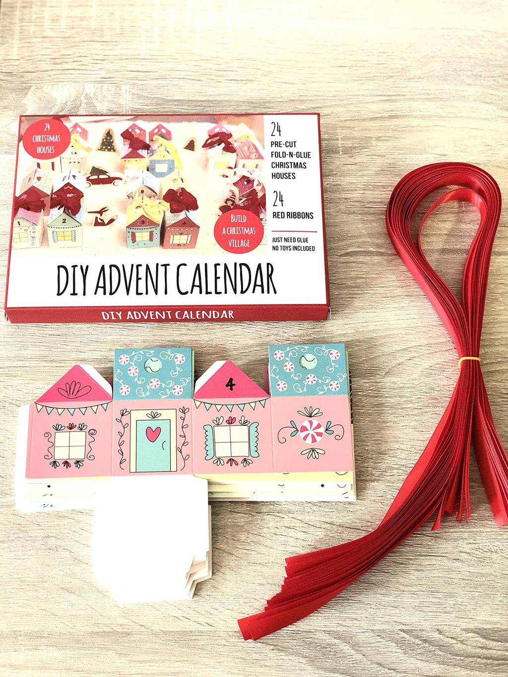 Creativemango Diy Advent Calendar Kit. Christmas Village. 24 Christmas Houses. Includes 24 Fold-N-Glue Houses + Ribbons.