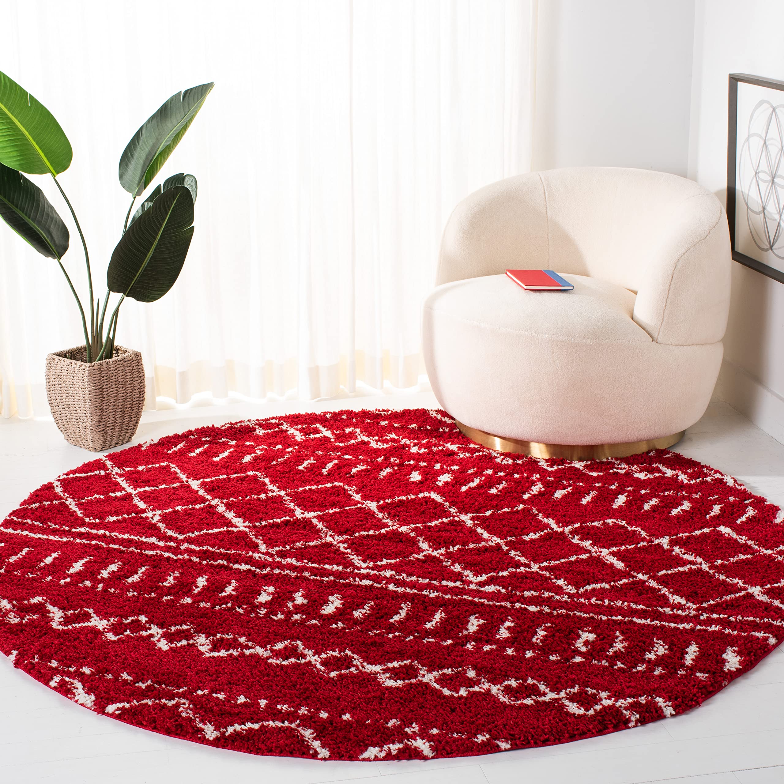 Safavieh Arizona Shag Collection 67 Round Red/Ivory ASG741Q Moroccan Non-Shedding Entryway Foyer Living Room Bedroom Kitchen 1.