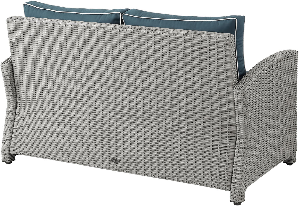 Crosley Furniture Bradenton Wicker Outdoor Loveseat, 2-Person Patio Couch for Porch, Deck, Backyard, Gray with Navy Cushions