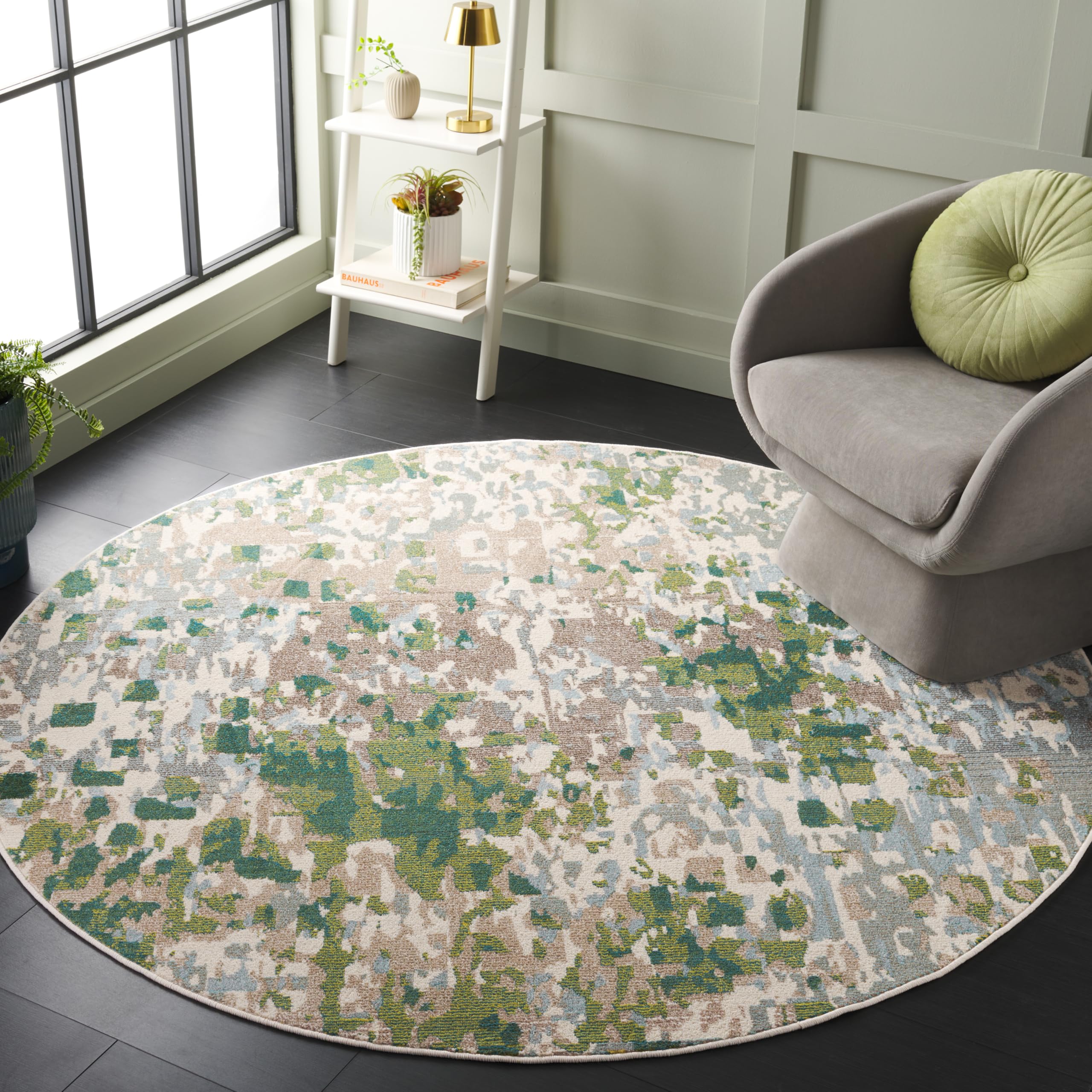 SAFAVIEH Monaco Collection Area Rug - 67 Round, Green & Blue, Geometric Design, Slip Resistant, Ideal for High Traffic Areas in