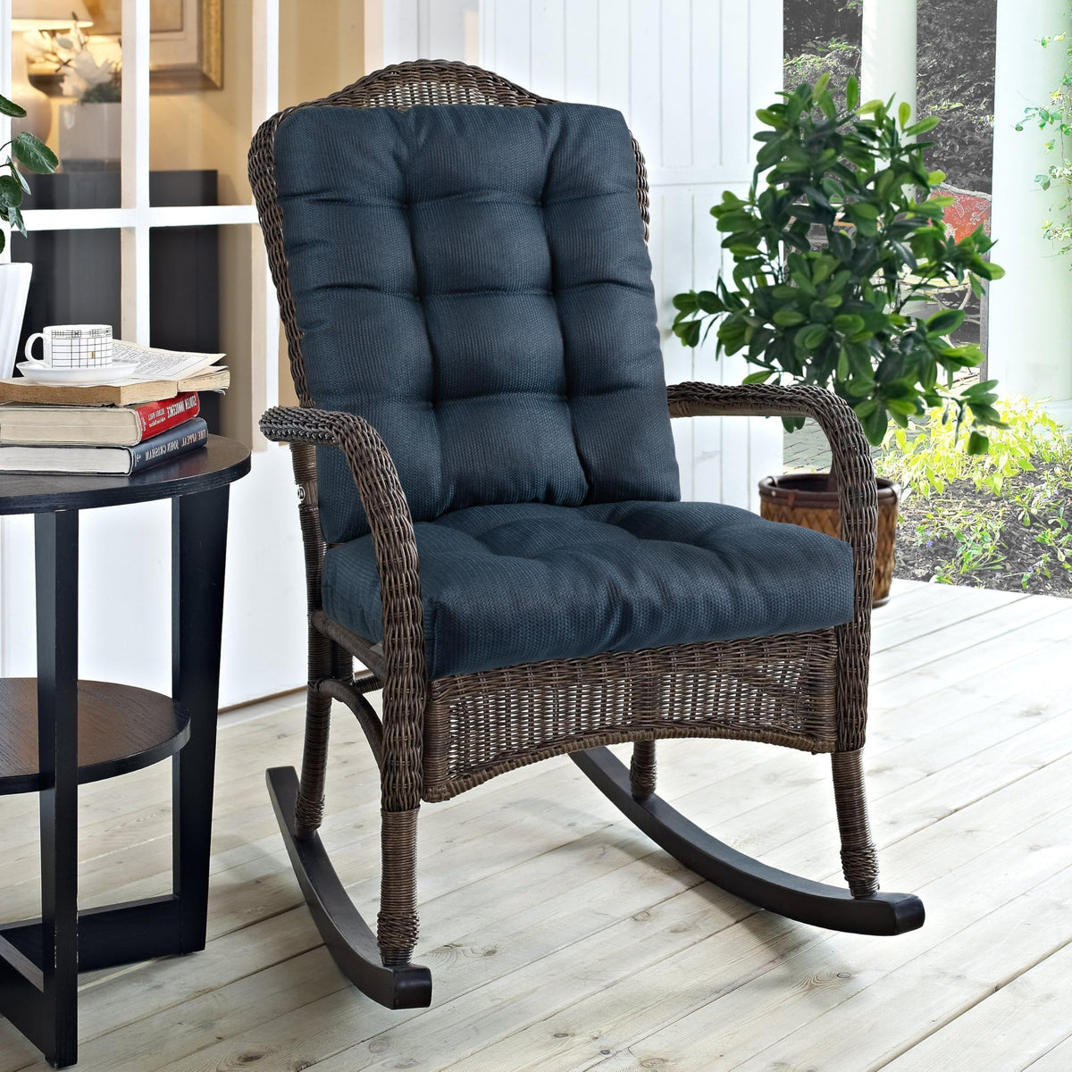 Magpie Fabrics Outdoor Rocking Chair Cushion Set, Tufted Pad For Rocking Chairs With Ties, Seat 17' X 17'/Back 21' X 17', Bl