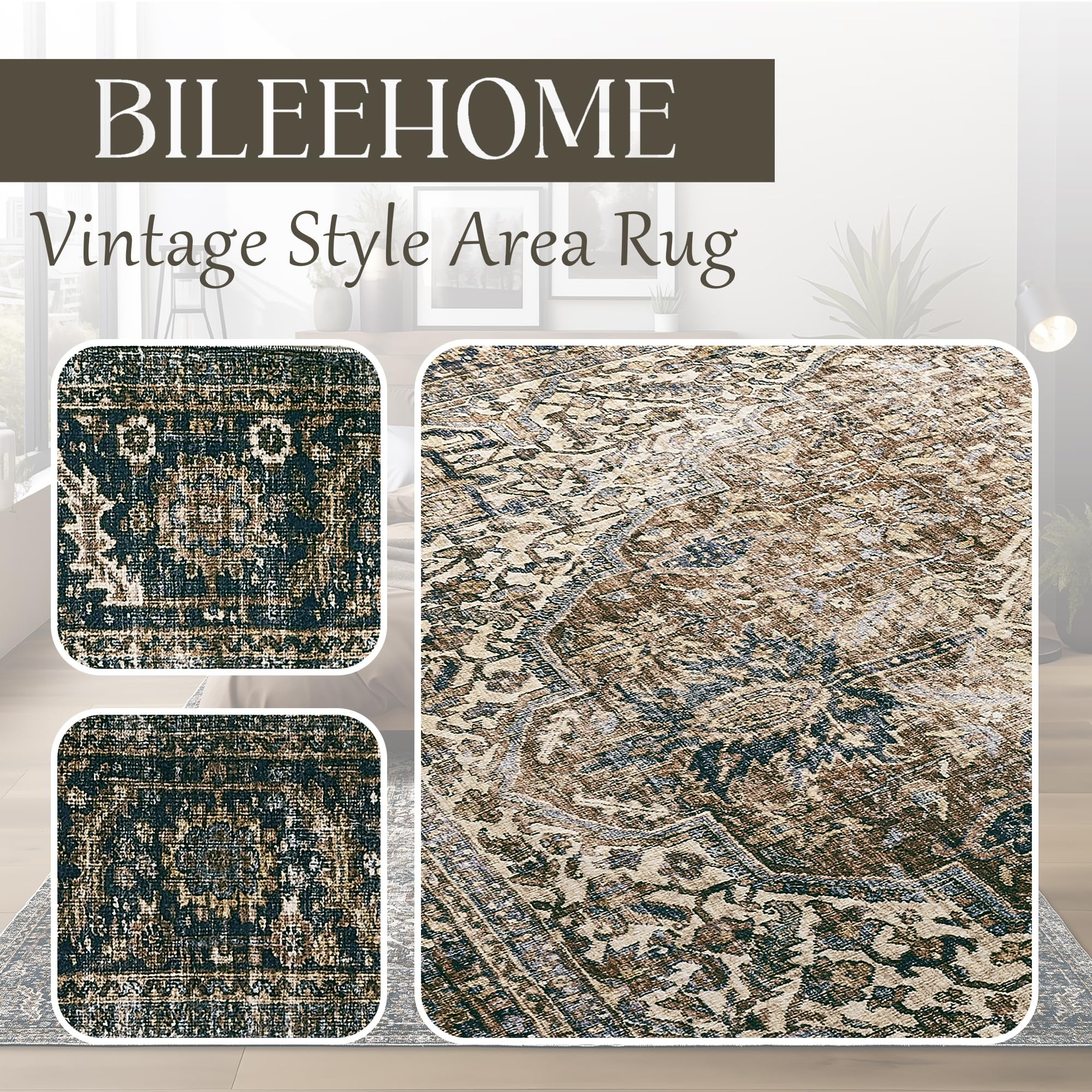 Bileehome Brown Rug For Living Room 8X10 Washable Organic Rustic Western Area Rugs For Cabin,Brown And Teal Blue