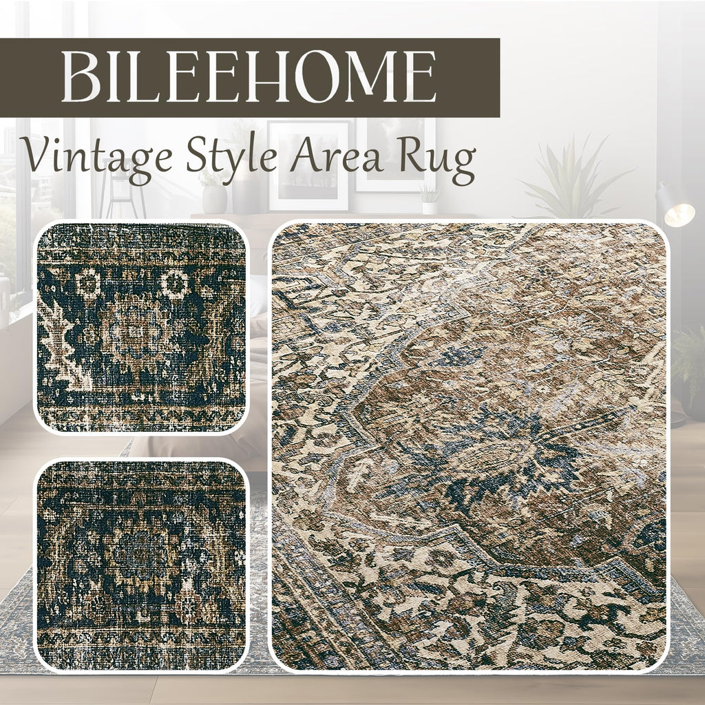 Bileehome Dining Room Rugs For Under Table Washable Country Vintage Area Rug For Living Room 6X9,Chocolate Brown