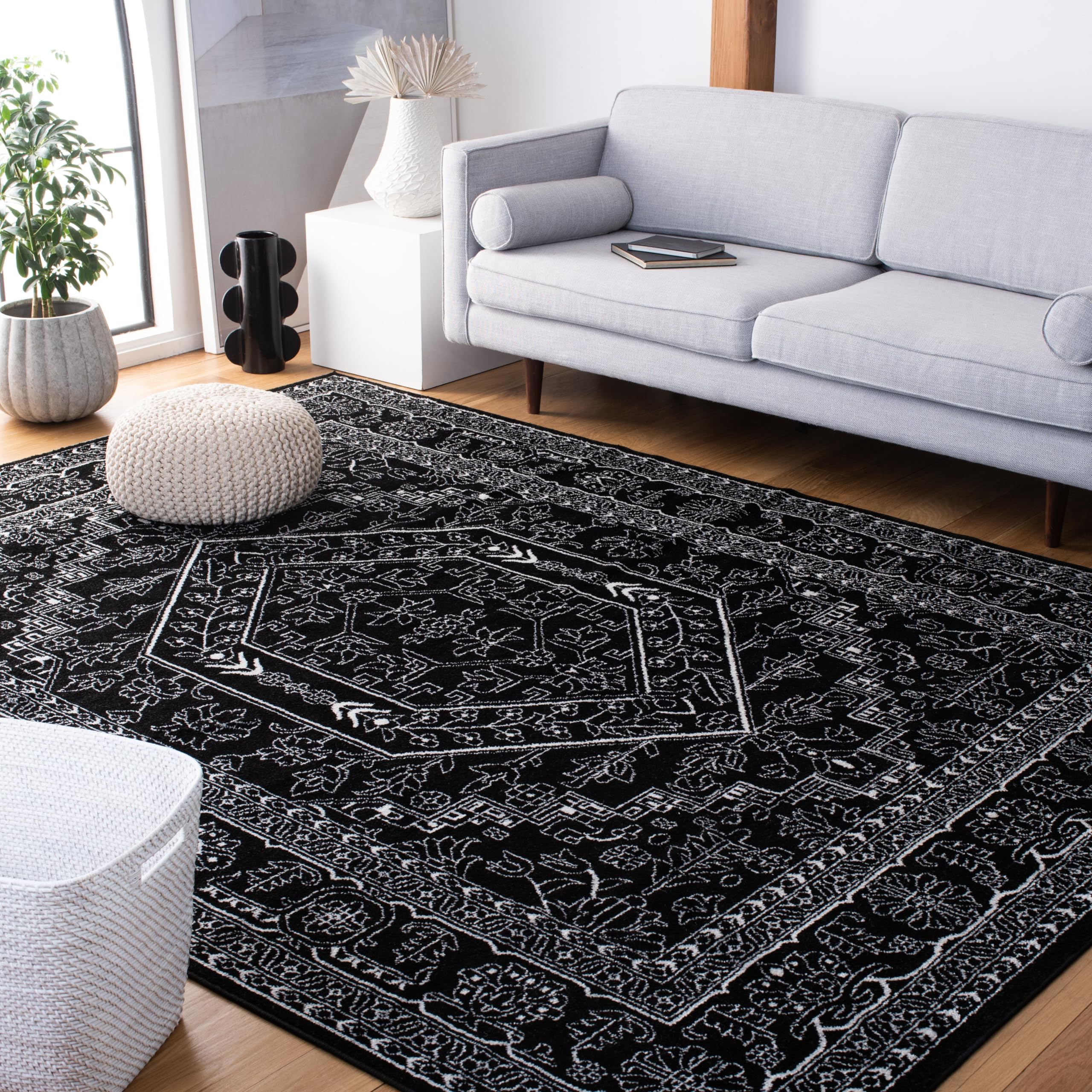 SAFAVIEH Adirondack Collection Area Rug - 8 x 10, Black & Ivory, Oriental Medallion Design, Non-Shedding & Easy Care, Ideal fo