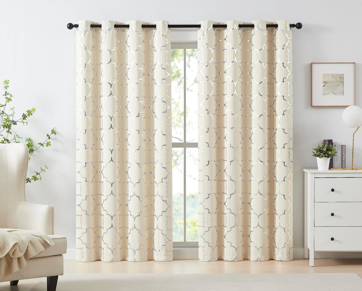 Foil Silver Blackout Window Curtains For Bedroom Living Room 95Inch Long Modern Metallic Print Thermal Insulated Drapes Privacy