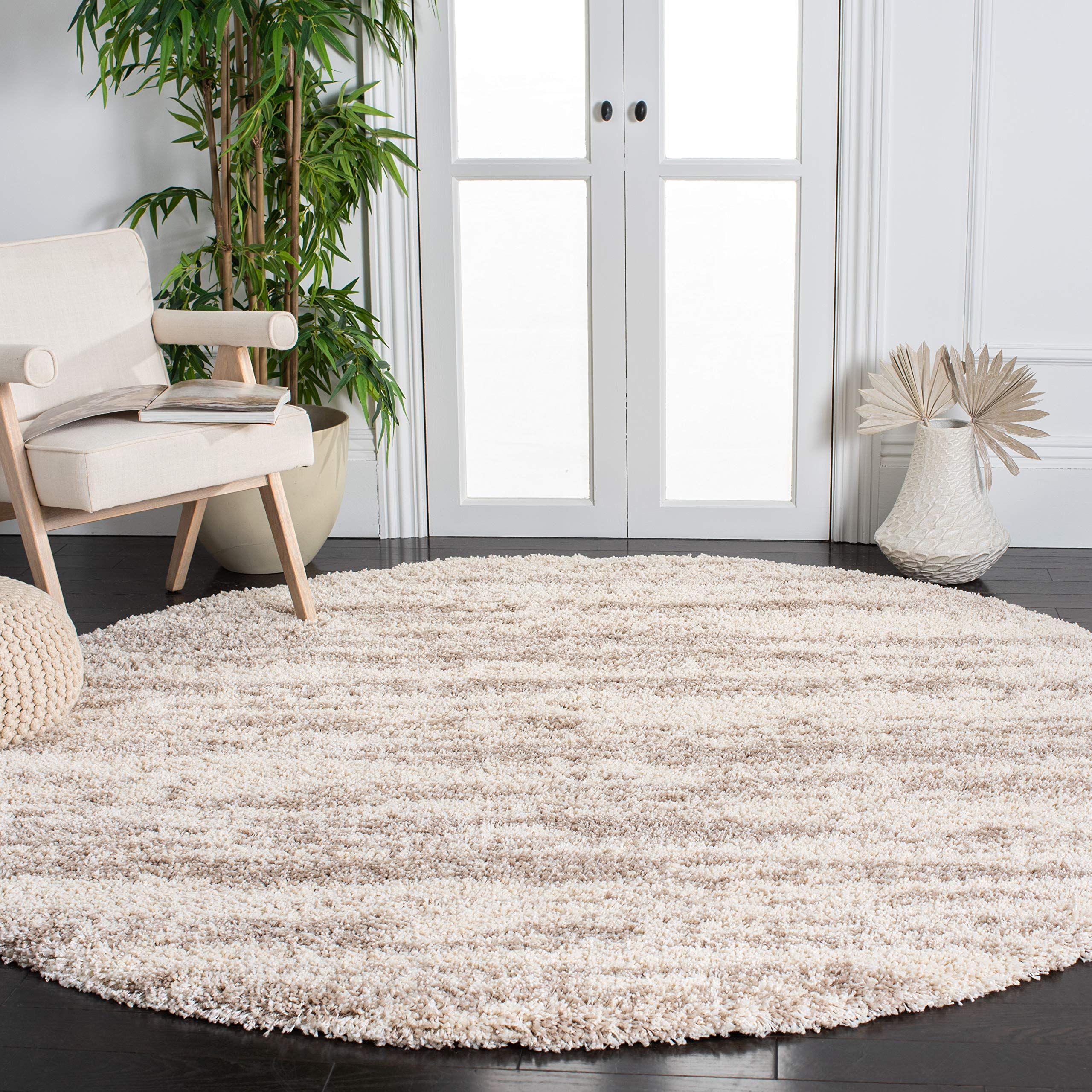 Safavieh Hudson Shag Collection 7 Round Ivory/Beige SGH206B Modern Non-Shedding Living Room Bedroom 2-inch Thick Area Rug