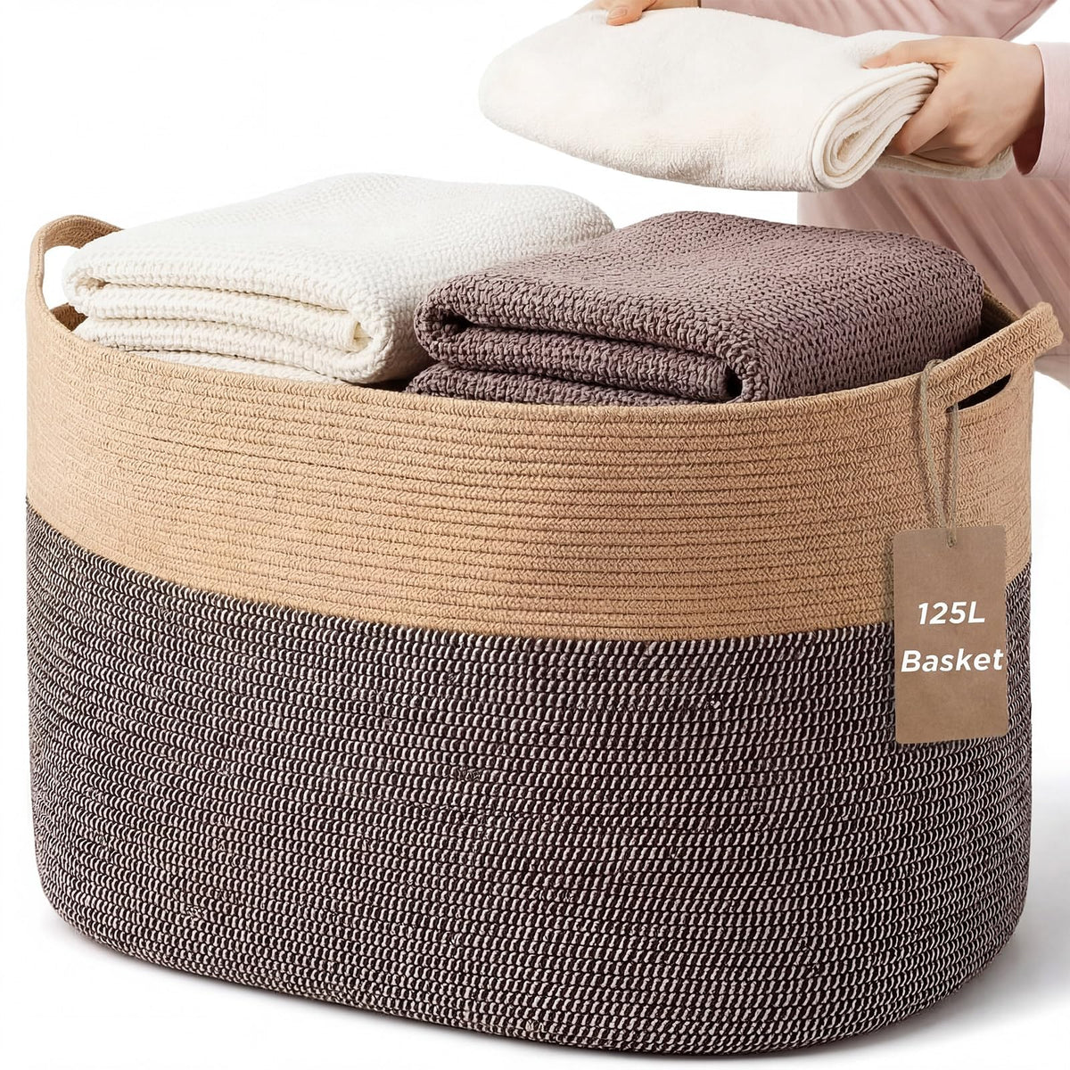 Singhoow 125 L Extra Large Blanket Basket  XXXXL Cotton Rope Storage Basket with Handles for Living Room Jumbo Woven Toy Bin La