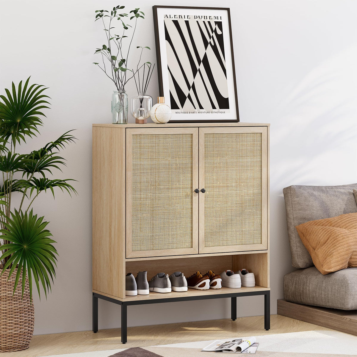 Xiao Wei Shoe Cabinet, 5-Tier Shoe Storage Organizer Cabinet With Natural Handmade Rattan Doors,Slim Shoe Rack With Adjustable Shelf For Entryway, Hallway, Closet