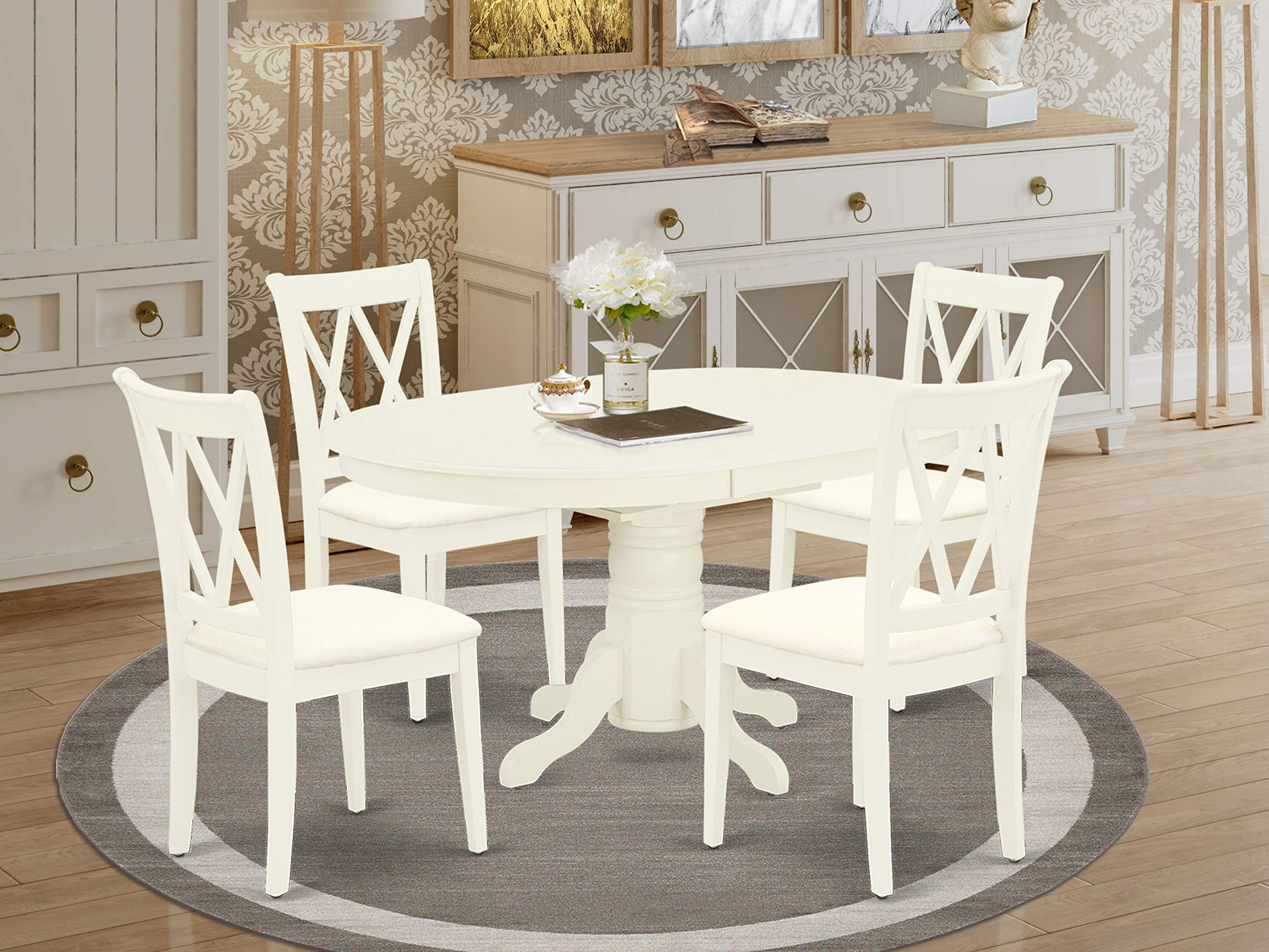 East West Furniture Avcl5-Lwh-C 5 Piece Dining Set Includes An Oval Dining Room Table With Butterfly Leaf And 4 Linen Fabric Upholstered Chairs, 42X60 Inch, Linen White
