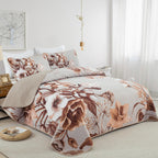 Drucon Khaki Floral Quilt Set Queen 3 Pieces Boho Flower Quilt Coverlet Set Soft Microfiber Lightweight Floral Quilted Bedspread