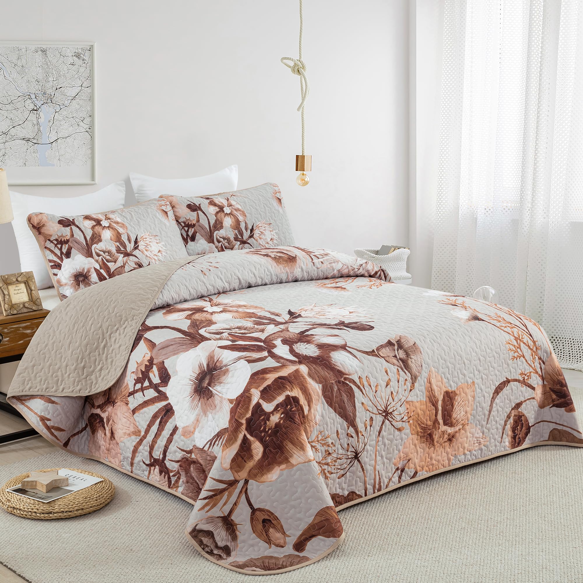 Drucon Khaki Floral Quilt Set Queen 3 Pieces Boho Flower Quilt Coverlet Set Soft Microfiber Lightweight Floral Quilted Bedspread