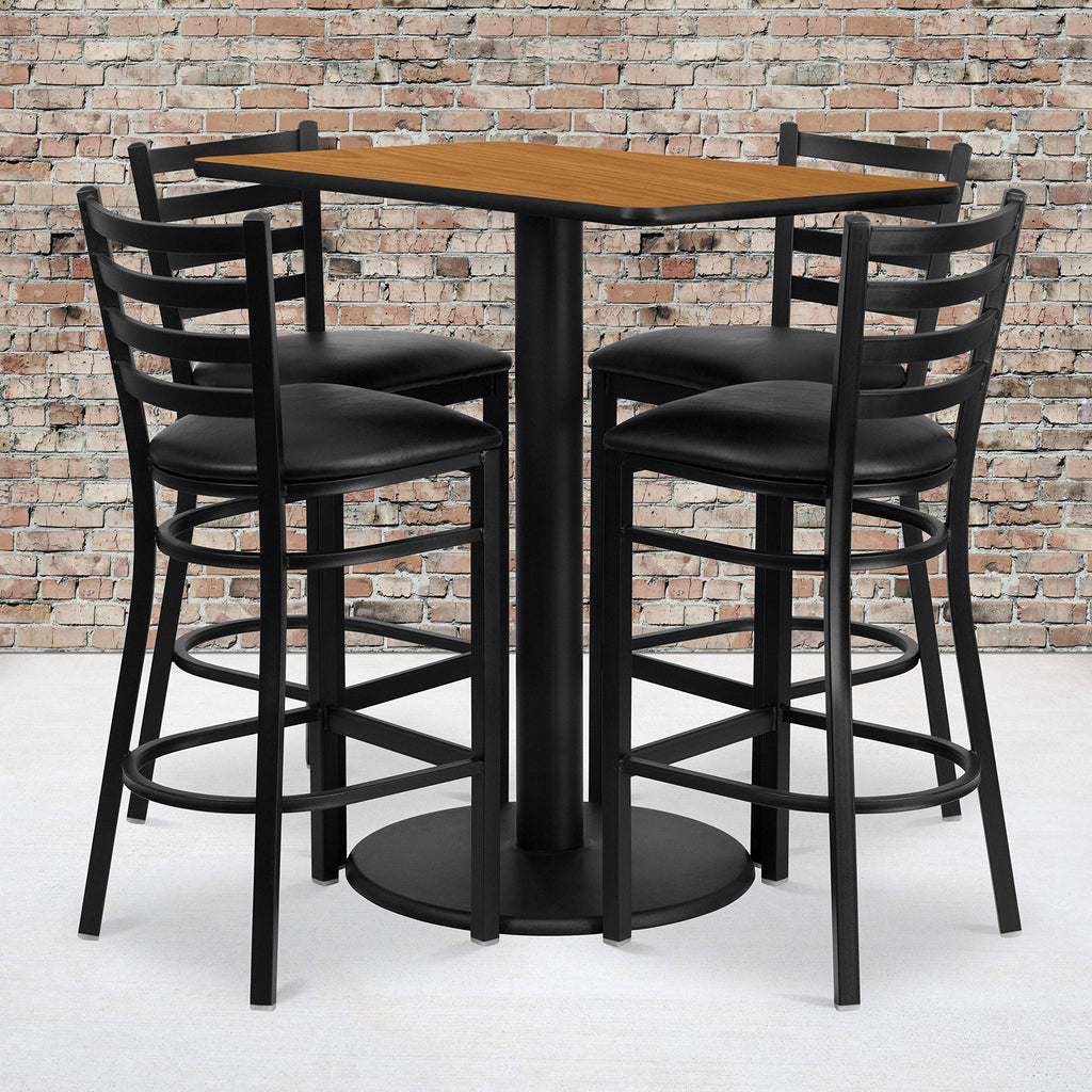 Flash Furniture Jamie 24'' x 42'' Rectangular Natural Laminate Table Set with 4 Ladder Back Metal Barstools - Black Vinyl Seat
