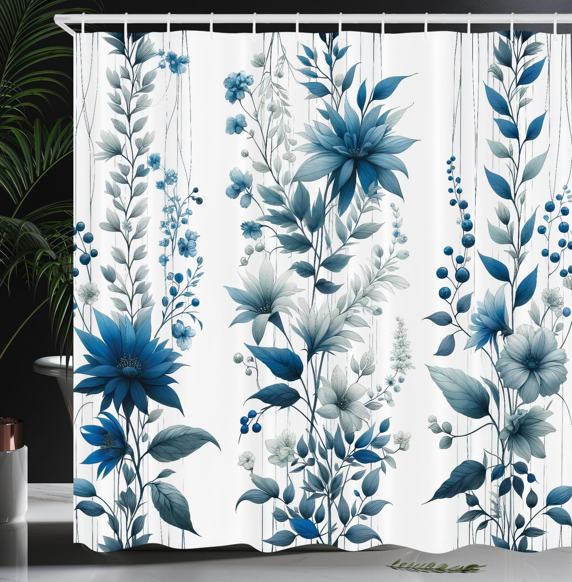 Ambesonne Blue Shower Curtain, Flowers Berry Branches and Leaves as Vertical Lines Cold Colored Garden, Cloth Fabric Bathroom De