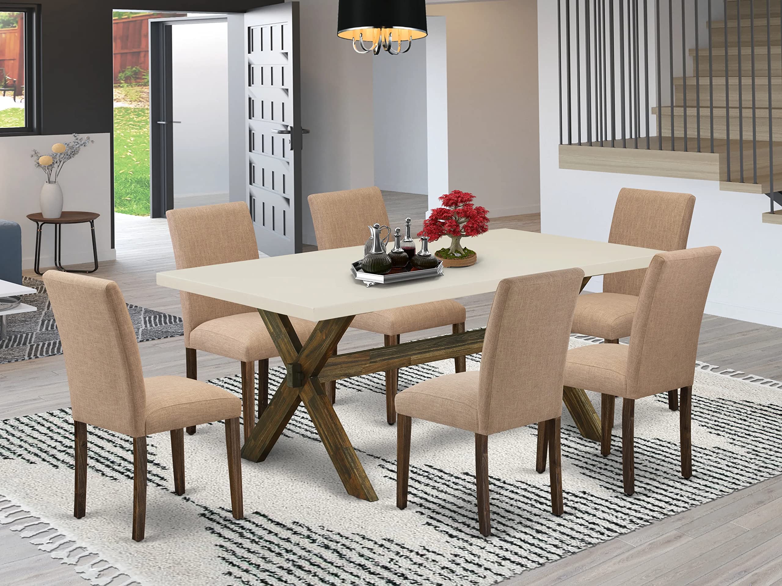 East West Furniture X727Ab747-7 X-Style 7 Piece Room Furniture Set Consist Of A Rectangle Dining Table With X-Legs And 6 Light Sable Linen Fabric Parson Chairs, 40X72 Inch, Multi-Color