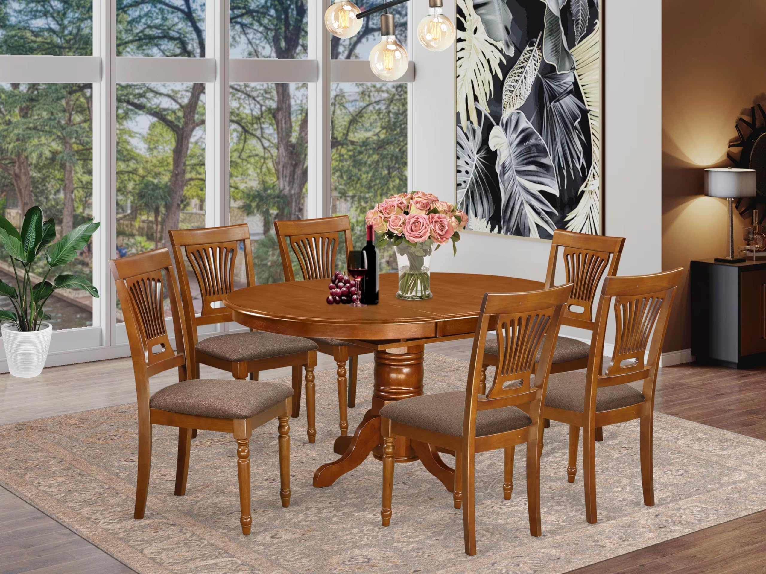 East West Furniture AVPL7-SBR-C 7 Piece Dining Table Set Consist of an Oval Dining Room Table with Butterfly Leaf and 6 Linen Fabric Upholstered Chairs, 42x60 Inch, Saddle Brown
