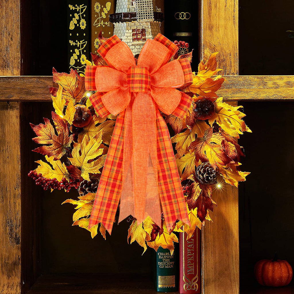 2 Pack Fall Bows For Wreaths Decorations For Home, Halloween Tree Topper Bow, Thanksgiving Bow With Orange Buffalo Plaid Burlap