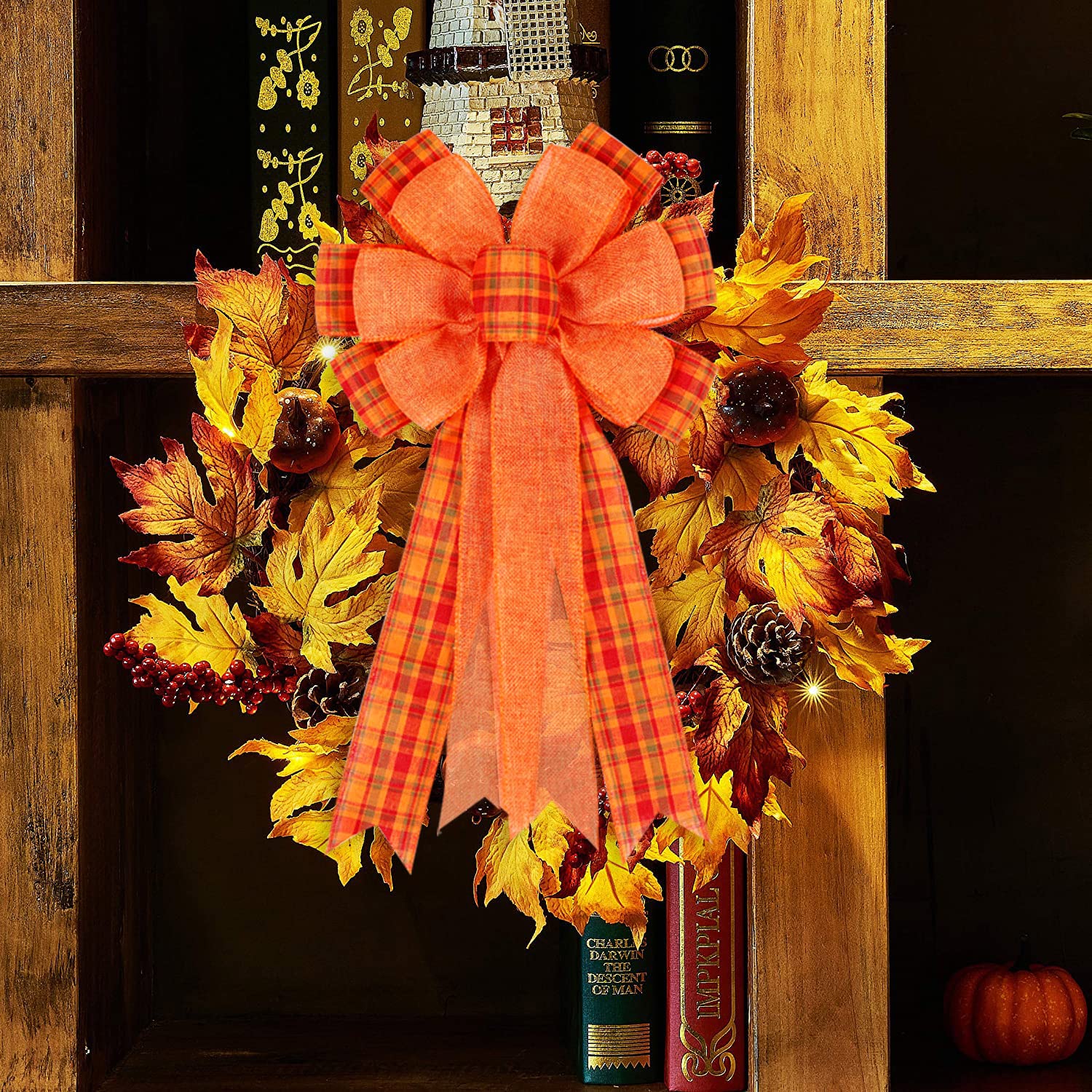 2 Pack Fall Bows For Wreaths Decorations For Home, Halloween Tree Topper Bow, Thanksgiving Bow With Orange Buffalo Plaid Burlap