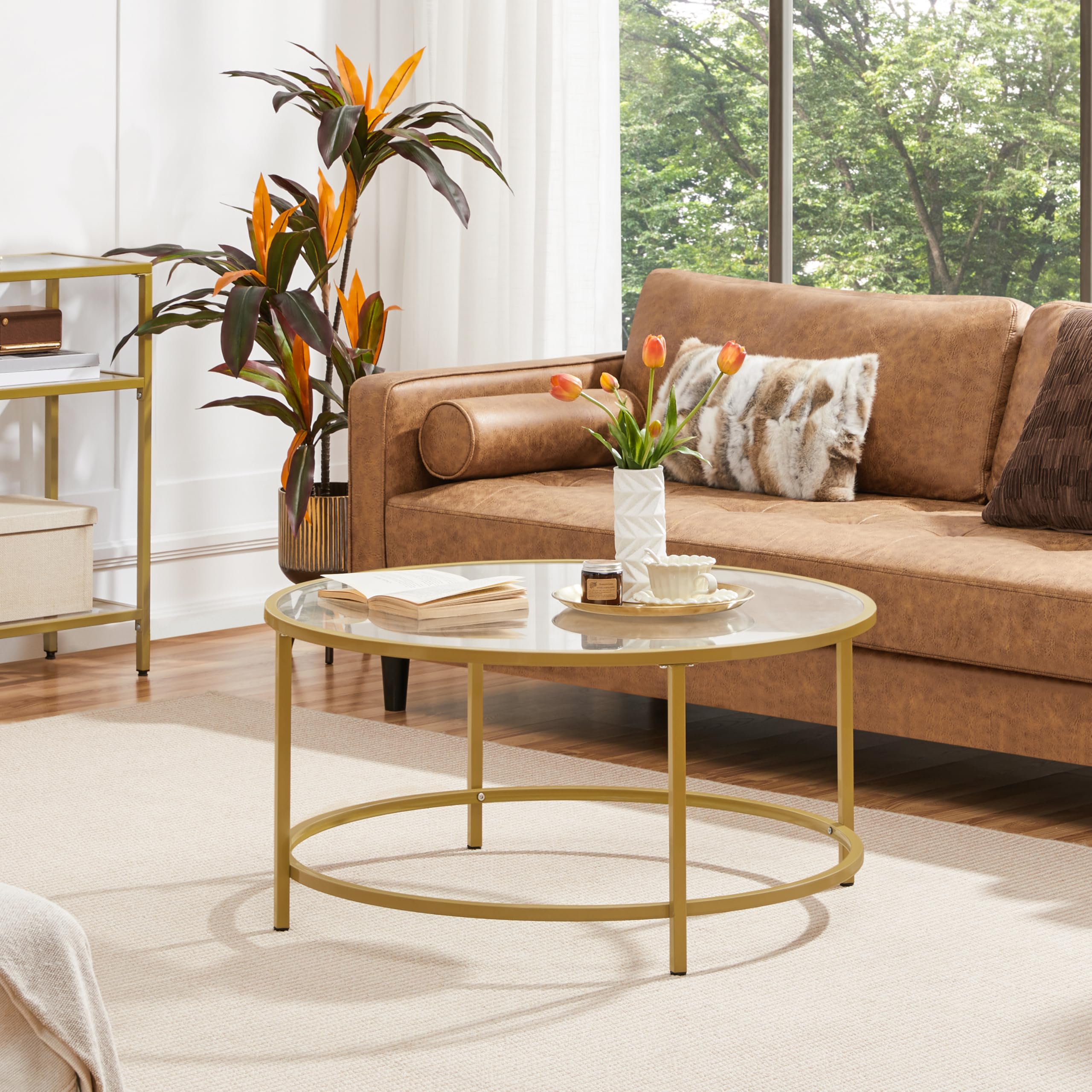 Yaheetech Gold Glass Coffee Table For Living Room, 36' Round Glass Coffee Table With Metal Frame, Circle Coffee Table For Home, Office, Apartment