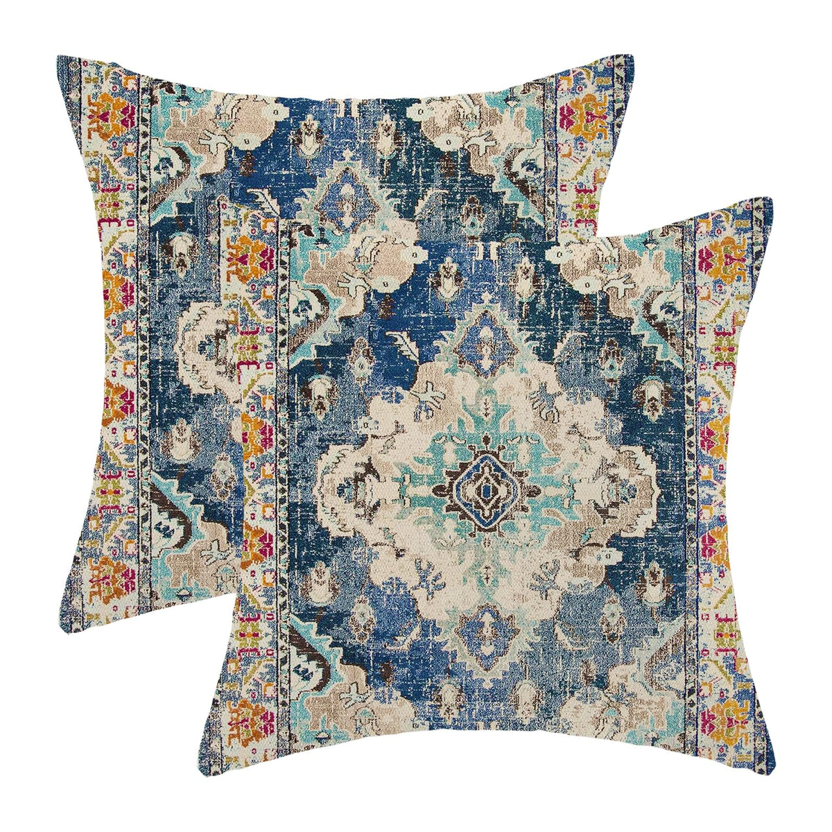 Blue Boho Pillow Covers 20X20 Set Of 2, Carpet Rug Design Decorative Boho Throw Pillows Linen Farmhouse Bohemian Cushion Pillow