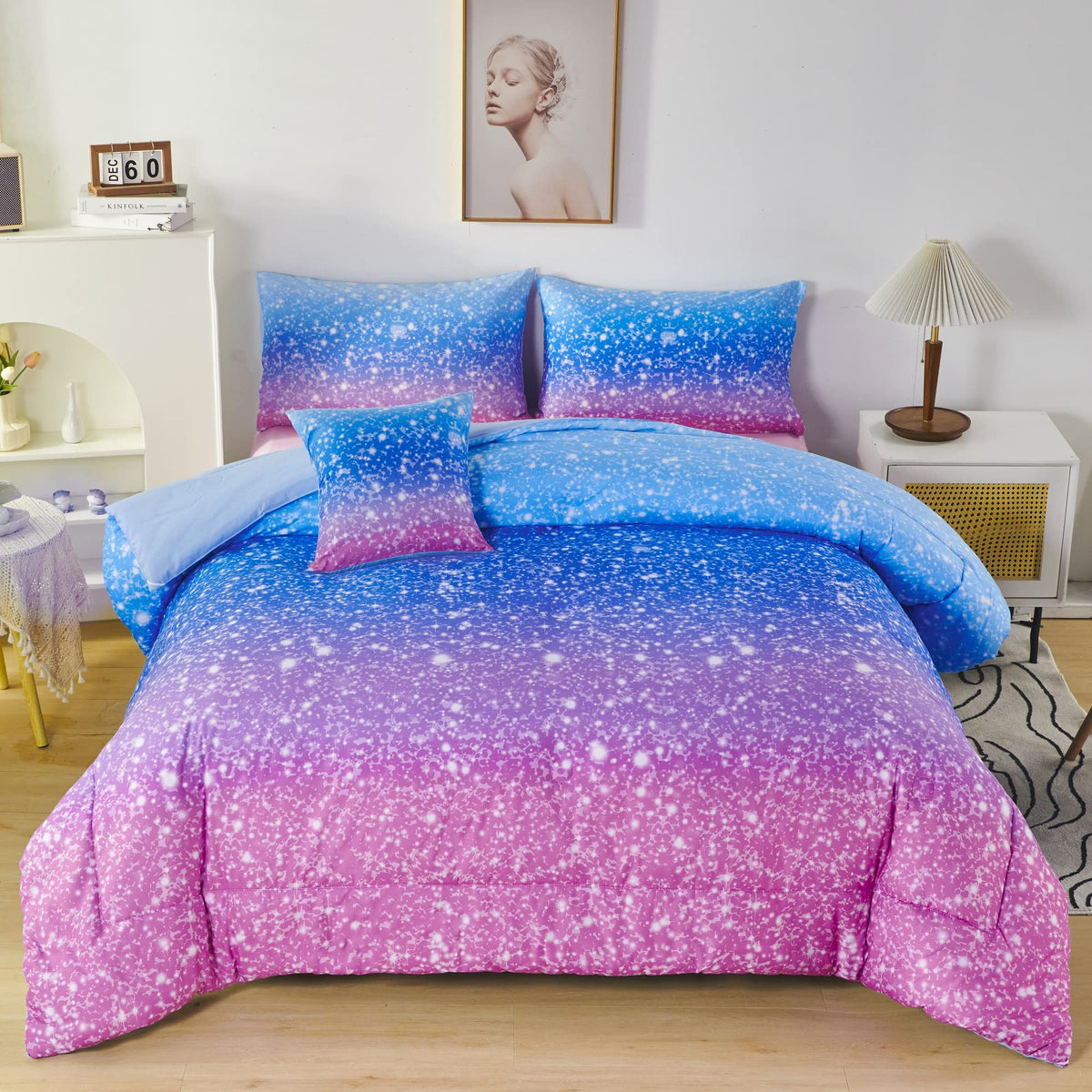 Rynghipy 6Pcs Sparkle Gradient Glitter Comforter Sets, Ombre Indigo Pink Gradient Bedding Set For Boys Girls, Rainbow Bed In A B