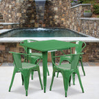 Flash Furniture Commercial Grade 31.5" Square Green Metal Indoor-Outdoor Table Set with 4 Arm Chairs