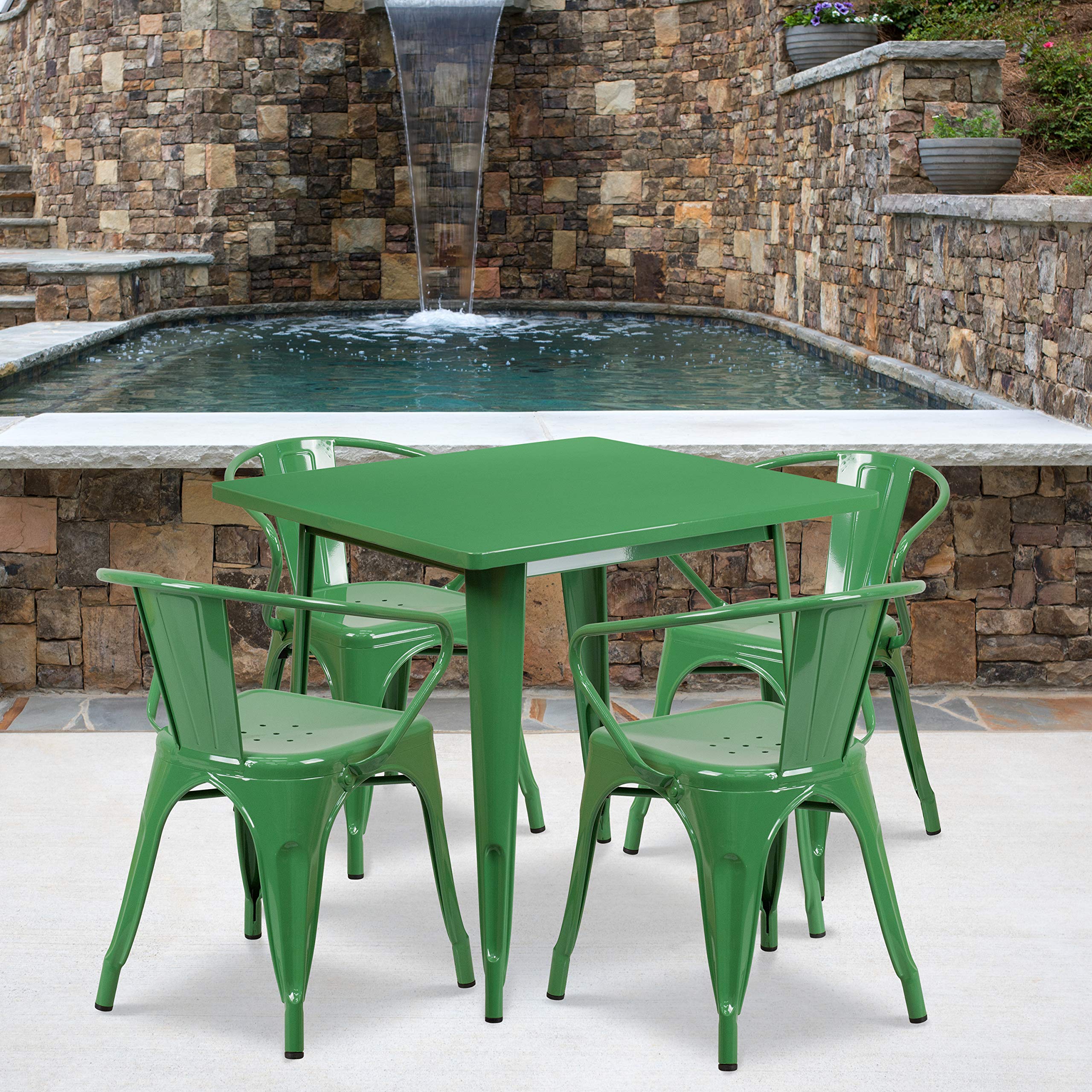 Flash Furniture Commercial Grade 31.5" Square Green Metal Indoor-Outdoor Table Set with 4 Arm Chairs